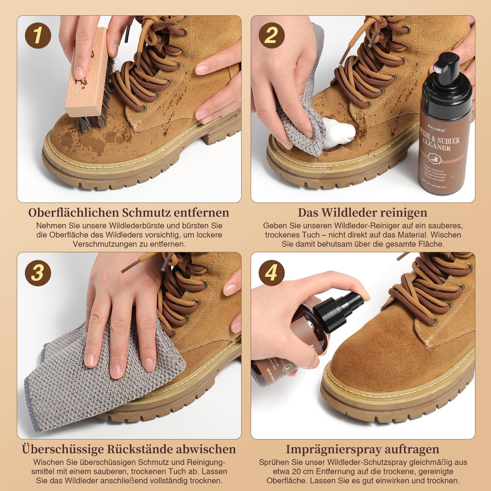 Wildleder- und Nubuk-Pflegeset: Reiniger, Schutz, Wildlederbürste und -radierer: Reinigen, schützen und restaurieren Sie Schuhe, Stiefel, Uggs, Möbel, Jacken, Taschen und Kleidung. Sicher für jede Far