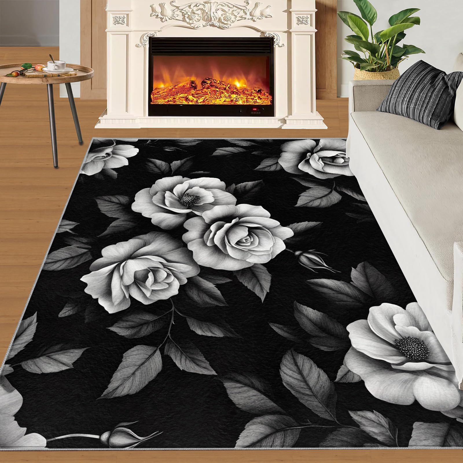 Amazon.com: Rose Rugs for Living Room - Black White Rose Area Rug