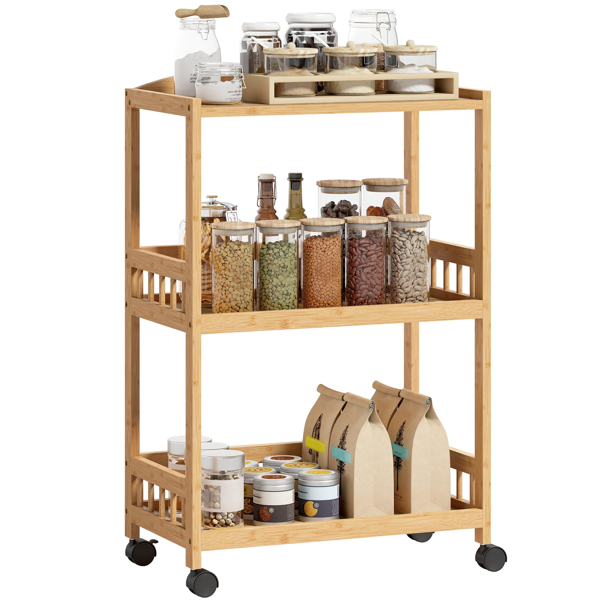 HOMCOM Chariot de Cuisine à 3 Niveaux, desserte à roulettes en Bambou, desserte Cuisine Multifonctionnel pour Chambre, Salon, Bureau, 53 x 30,5 x 83 cm, Bois Naturel