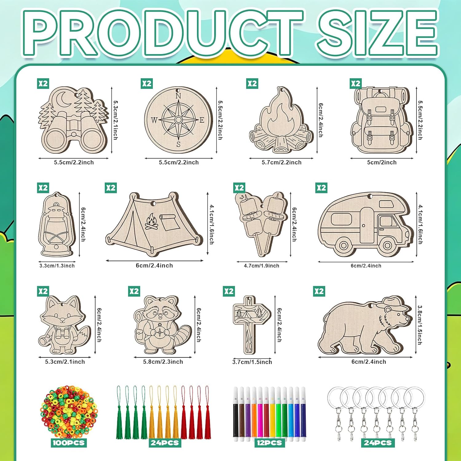 Cinrobiye 24 Set Camping Party Favors Camp Keychain Craft Kits Bulk Happy Camper Wooden Paint Keychains with Colored Pens for Outdoor Adventure Birthday Party Supplies Summer Home School Art Activity