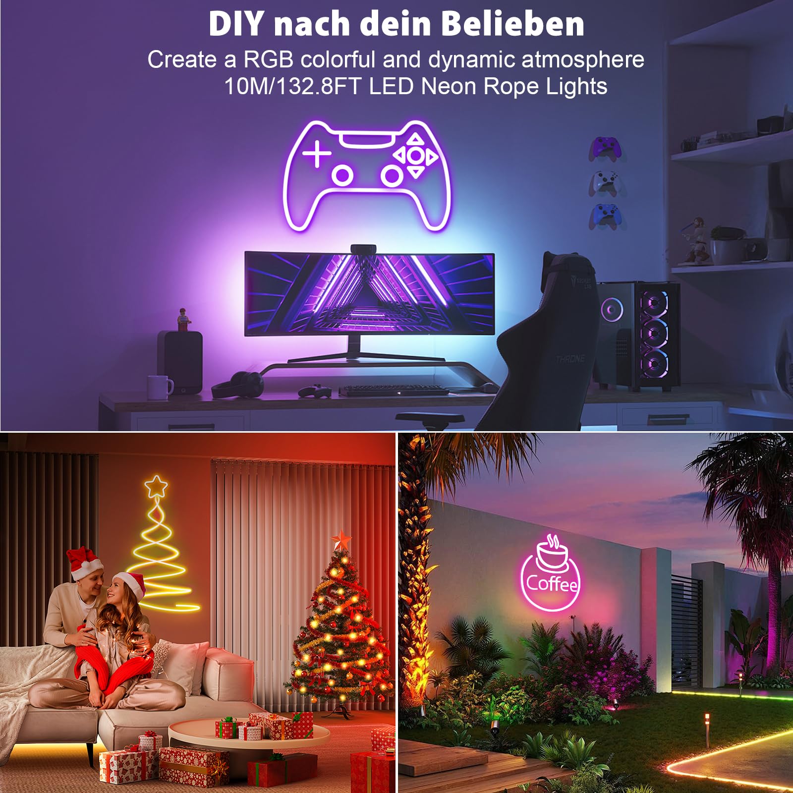 Striscia LED neon 10 m RGB, striscia LED con controllo app, telecomando IP65, impermeabile, flessibile, per esterni, 24 V, tubo luminoso per interni, musica fai da te per stanza, parete, gioco