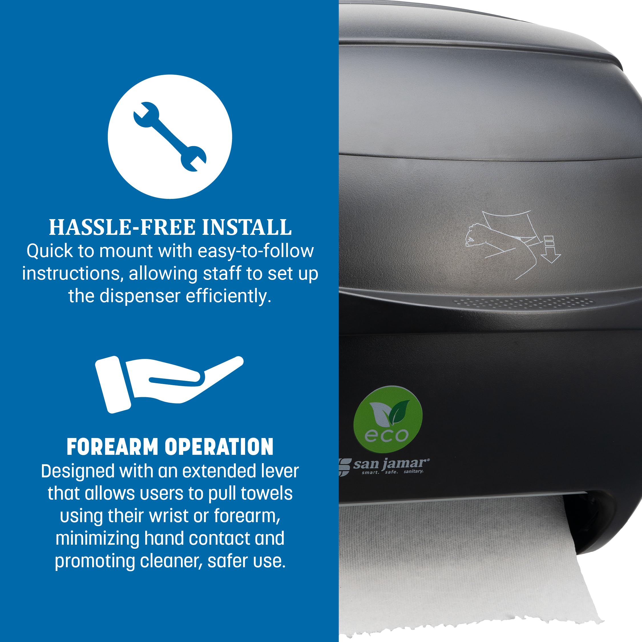 San Jamar Ecologic Integra - Dispensador de Toallas de Papel de plástico Reciclado, Capacidad Universal de Rollo, dispensador montado en la Pared para el hogar y el Negocio, Universal, Color Negro