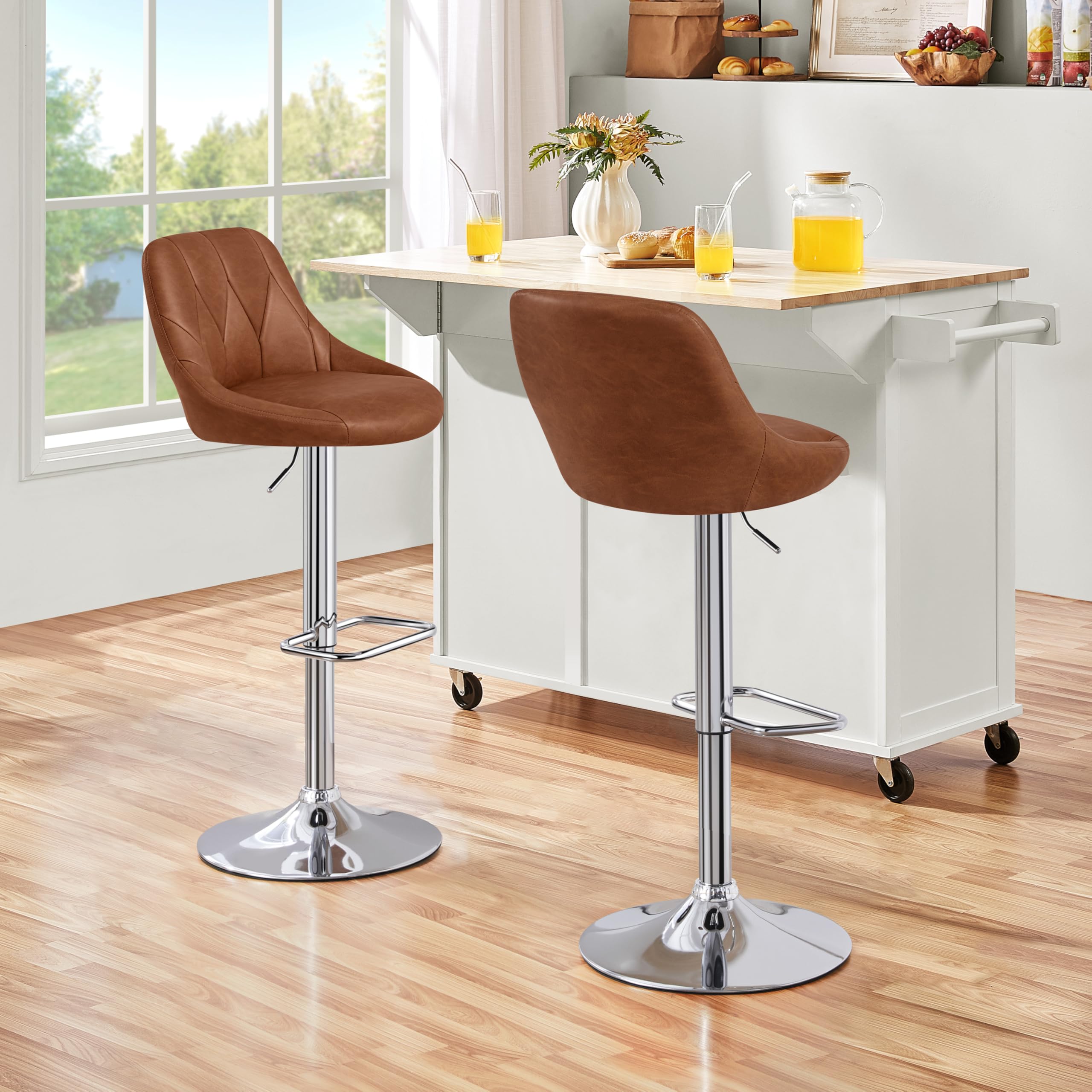 Yaheetech Barhocker 2er Set höhenverstellbarer Barstuhl 360° drehbarer Tresenhocker Polsterhocker mit Kunstleder für Küche/Bar/Salon/Esszimmer, braun