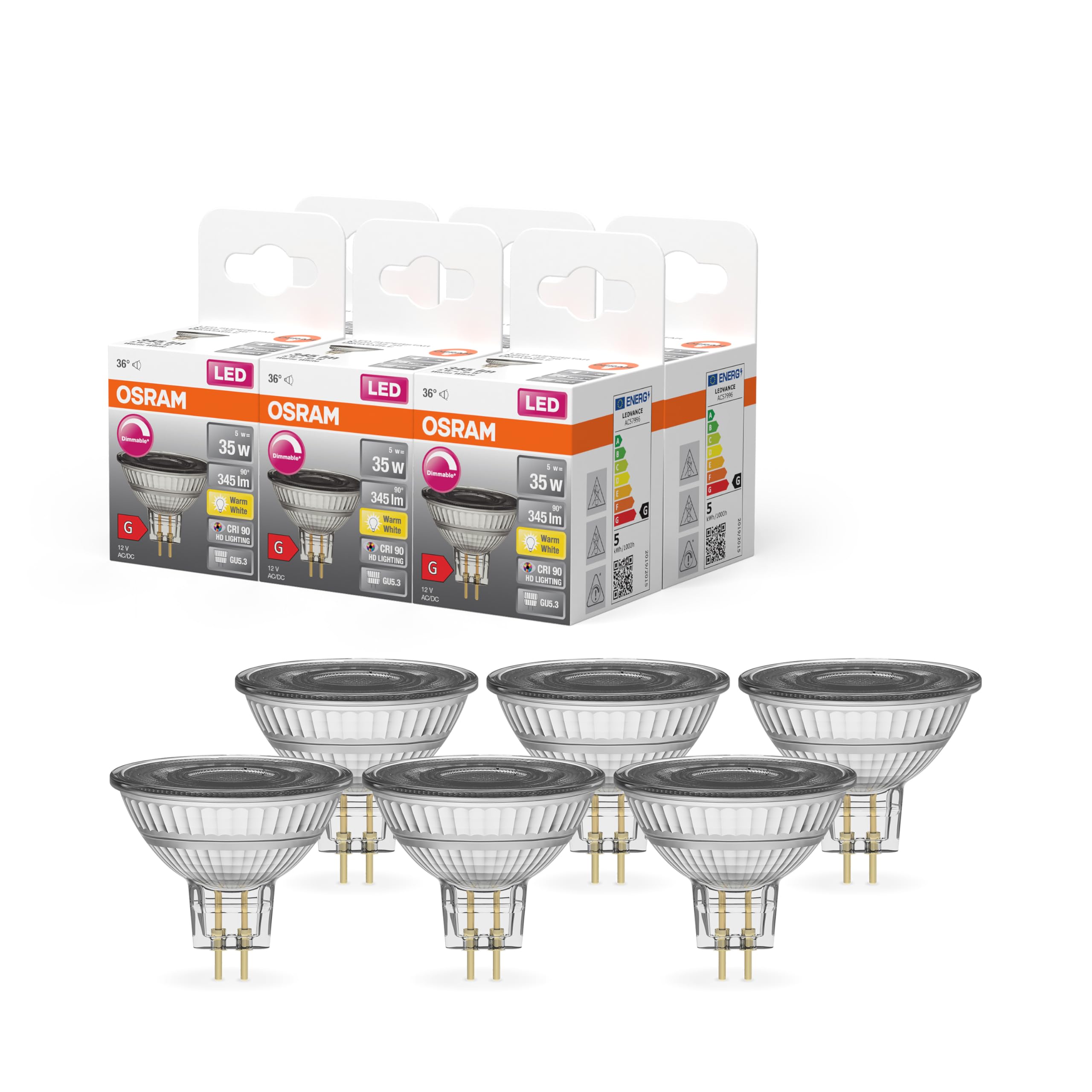 Osram Superstar Reflektorlampe für GU5.3-Sockel, klares Glas,Warmweiß (2700K), 345 Lumen, Ersatz für herkömmliche 35W-Leuchtmittel, dimmbar, 6-er Pack