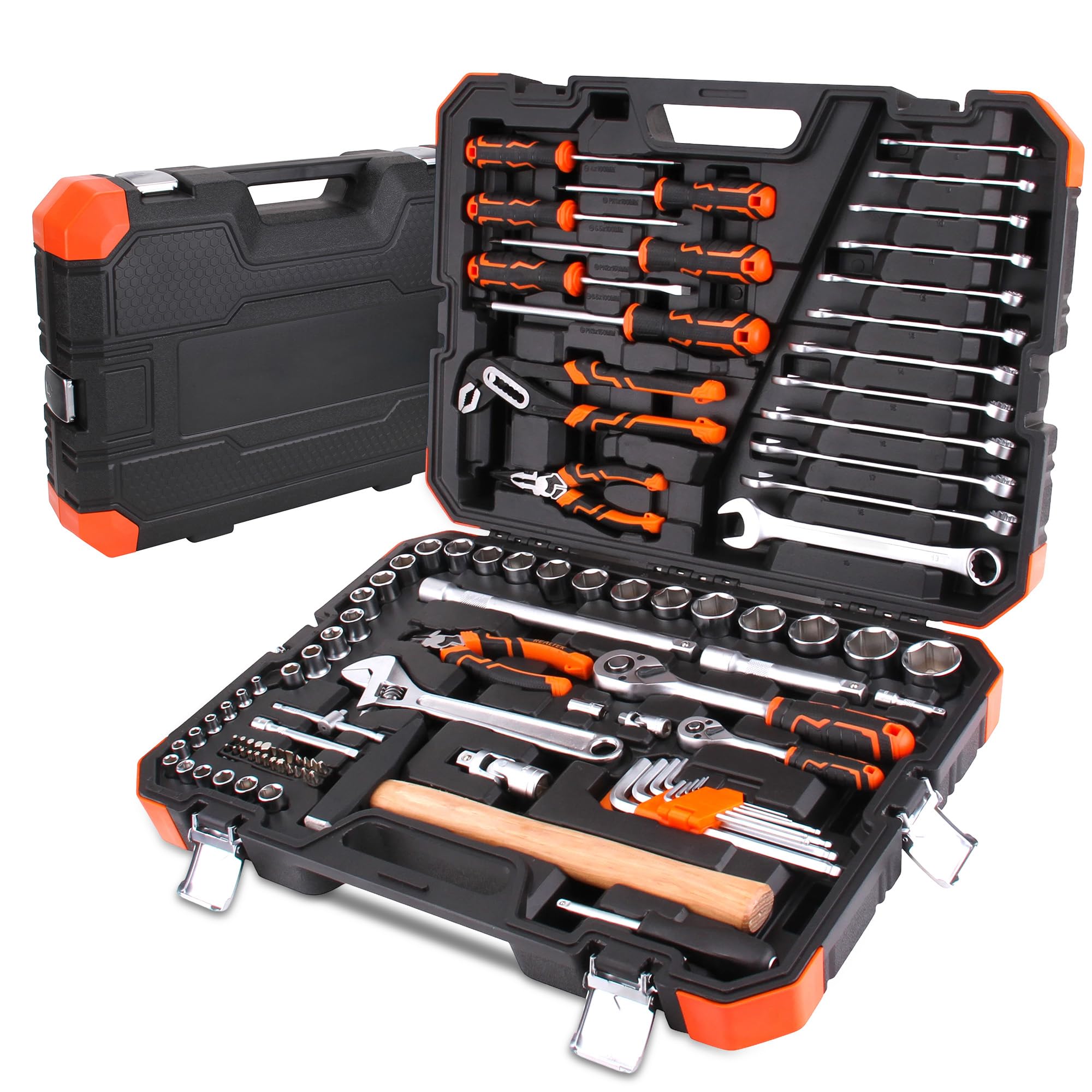 100 Pcs Tool Kit, CR-V Mechanic Tool Set for DIY, Car Repair, Home Maintenance, Protable Complete Basic Hand Tool Includes Socket Wrench Set, Plier, Spanner, Screwdriver, Hammer with Tool Case