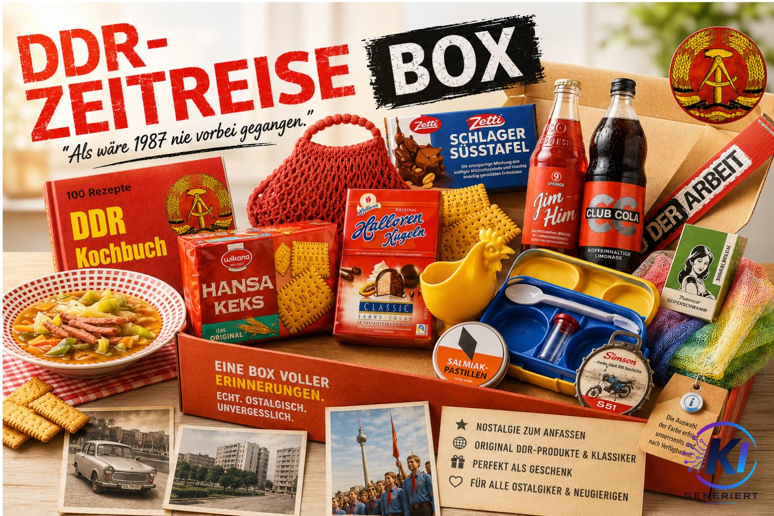 DDR-Zeitreise Box, Nostalgie-Geschenkbox mit Originalen DDR-Produkten & Klassikern