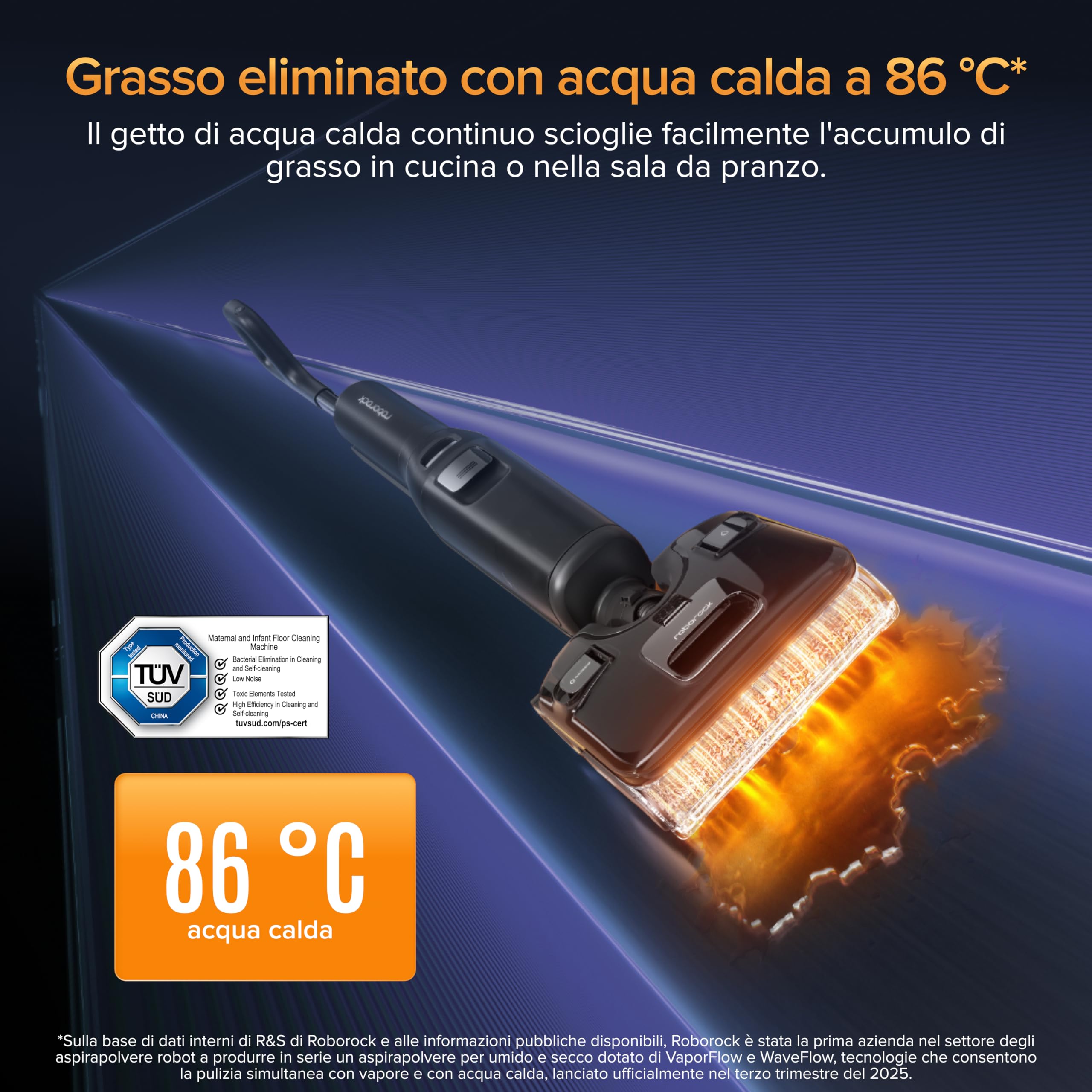 roborock F25 Ultra Aspirapolvere Lavapavimenti senza fili, riscaldamento a 180 °C, lavaggio 86 °C, asciugatura 90 °C in 5 min, aspirazione 22 kPa, WiFi, sistema anti-groviglio.