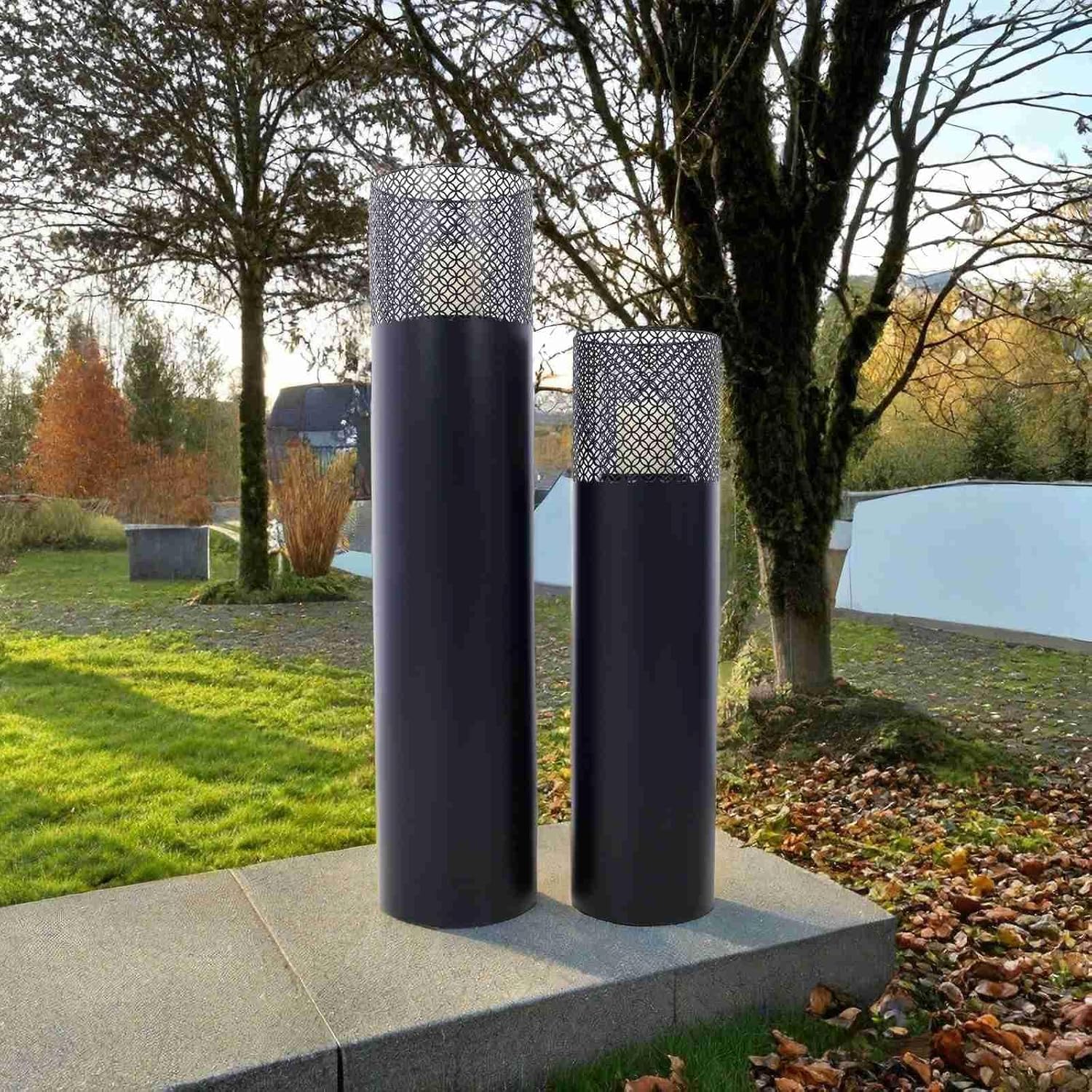 Set of 2 Metal Cylindrical Lanterns with Mesh Top Design, Tall Decorative Candle Holders, Indoor/Outdoor Industrial Design Decorative Fire Pillars, Black