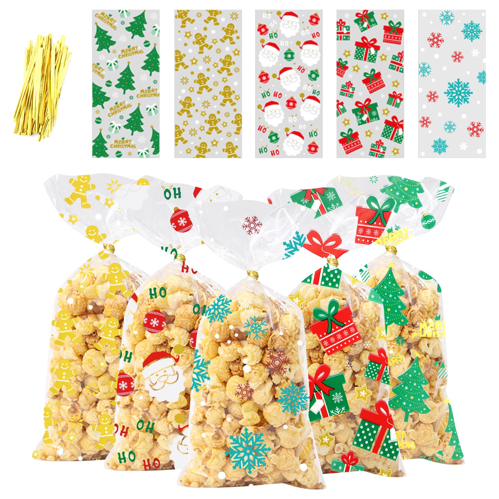 120 Sachets Transparents Pour Biscuits De Noël - 8 Styles Étoiles + Attaches - OPP Résistant - 13x27cm - 8