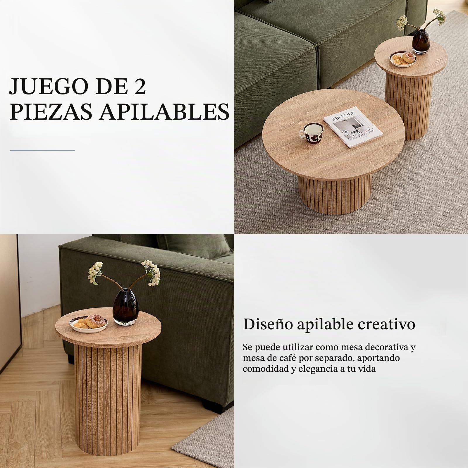 Juego 2 Mesas de Centro Redondas Apilables, Madera Clara | Tablero MDF con Textura de Madera Natural, Fácil Limpieza, Base Cilíndrica Estable, Para Salón, Dormitorio y Cafetería