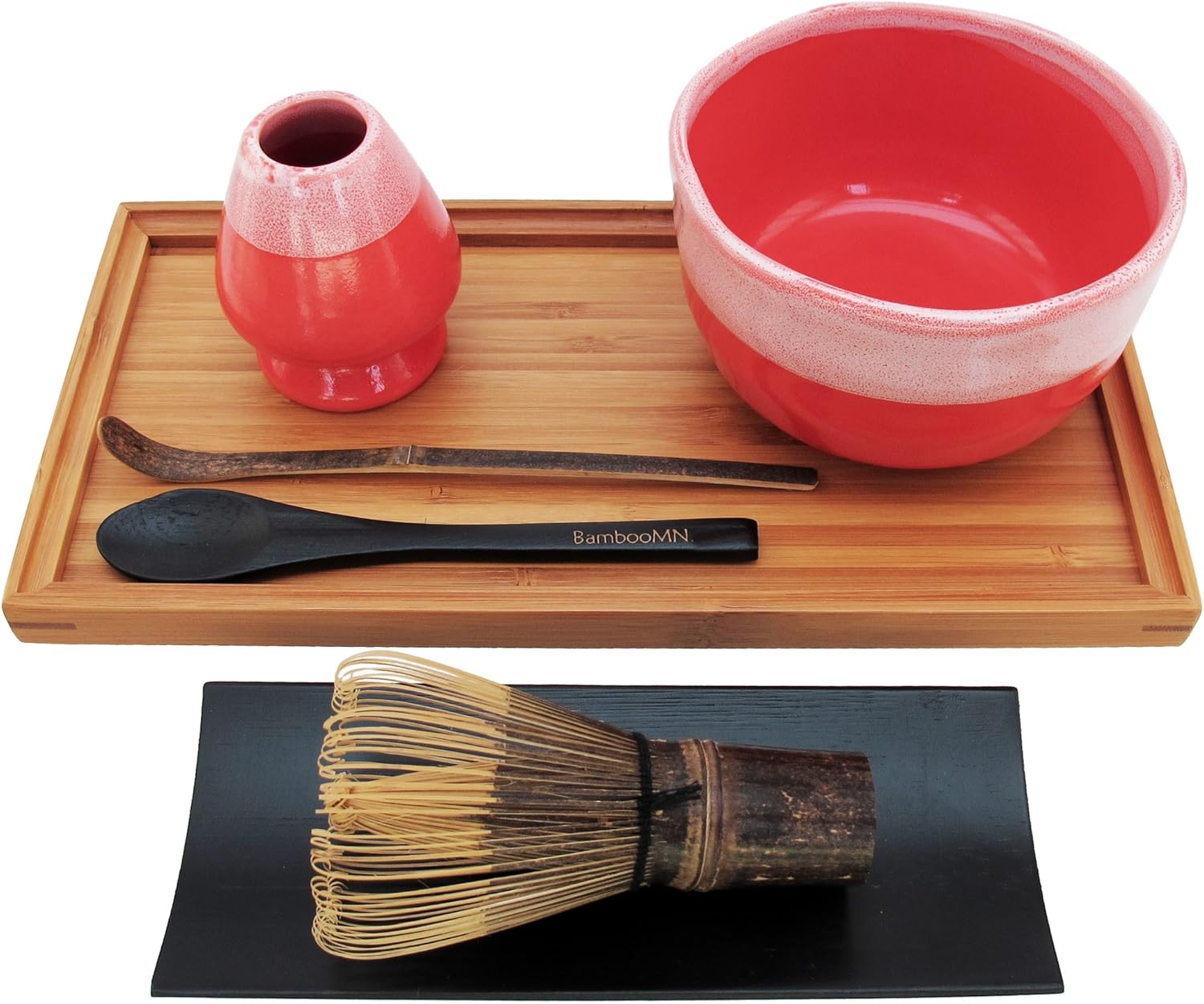 BambooMN Brand - Matcha Bowl Set (Includes Bowl, Rest, Black Tea Whisk, Black Chasaku, Black Tea Spoon, Rest Tray & Tray) - Coral