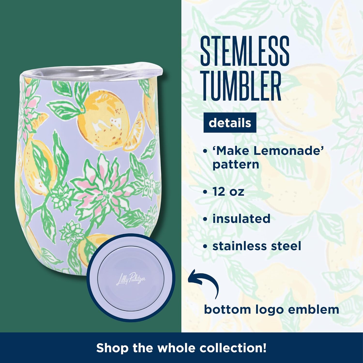 Lilly Pulitzer 12 Oz Insulated Tumbler with Lid, Yellow/Green Stainless Steel Travel Wine Glass, Double Wall Metal Cup, Make Lemonade - Image 3