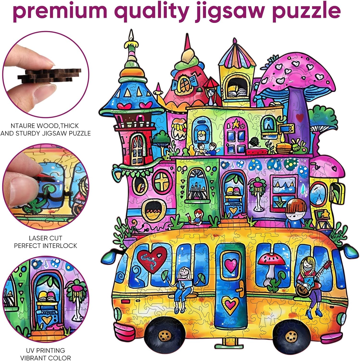 Reouinty Wooden Puzzles for Adults, Mushroom Car 200 Pieces Jigsaw Puzzles, Unique Shape Animal Adult Puzzles, Irregular Puzzles Best Gift for Adults Family Game (9.1 x 13.1 in)