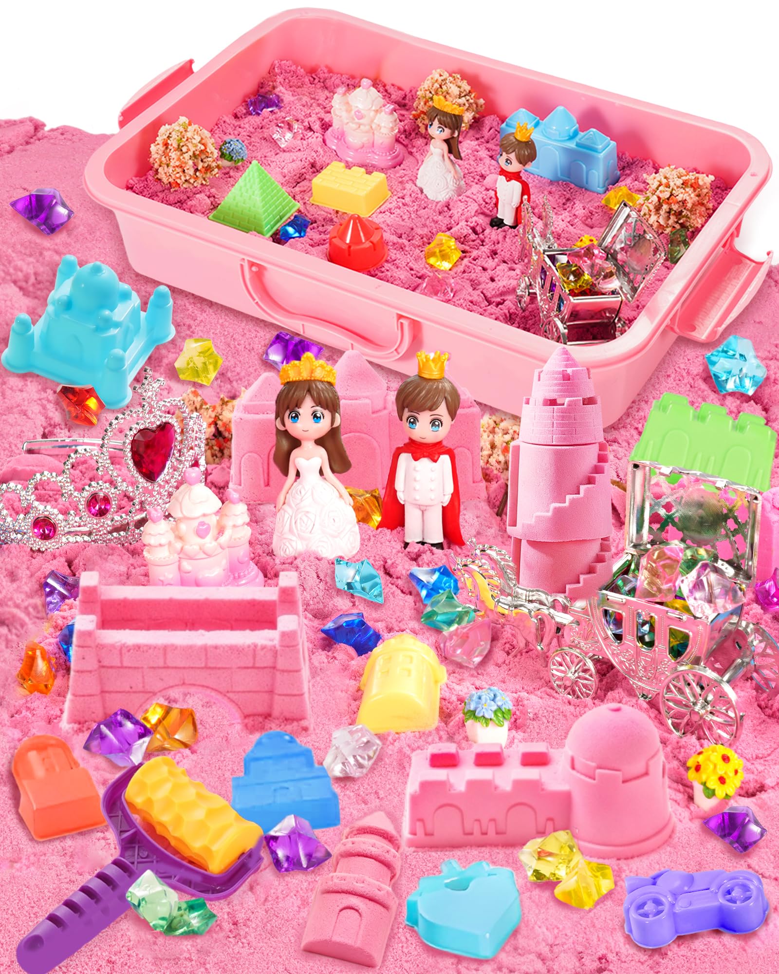 Velozenithize Magic Sand Set, Sensory Bin Includes 1 kg of Pink Sand, for Children's Birthdays, Christmas Etc (Castle Theme)
