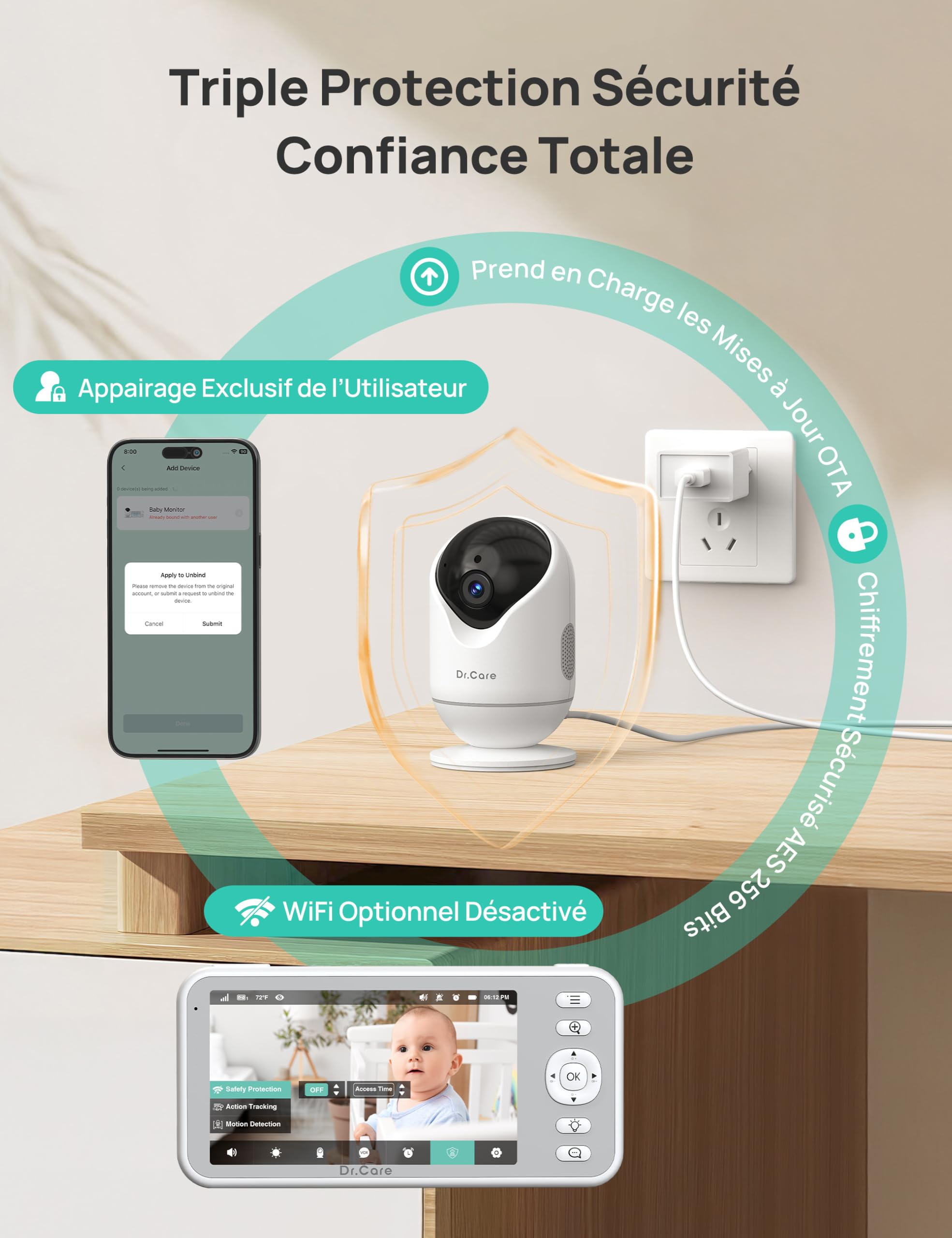 Dr.Care Baby Monitor WiFi 2K, 5", App, supporto a clip & allarme movimento | Tracciamento persone,rilev. suono/movimento/temp./umidità, batt rimov. 5000mAh, portata 390m, visione nott. HD, VistaView RB