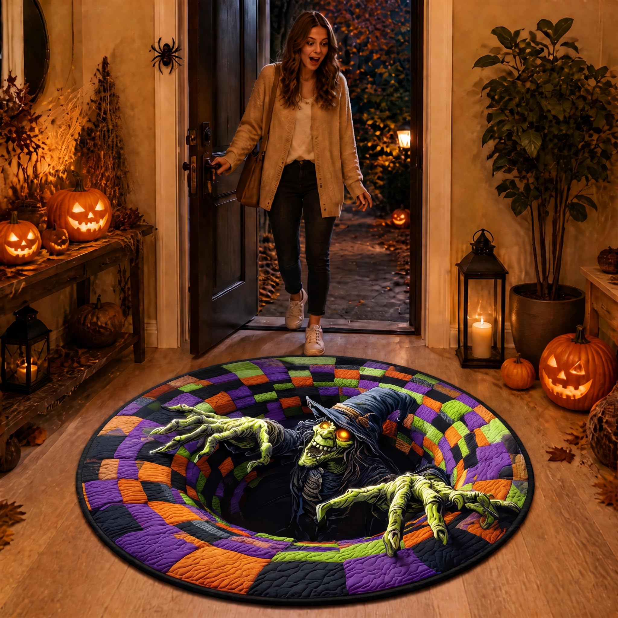 CBMZHF Halloween 3D Rug, 3DOptical Illusion Skeleton Abyss Round Area Rug, Spooky Indoor Floor Mat for Living Room Bedroom Entryway and Halloween Party Decor (80 * 80cm) (Rug-20)