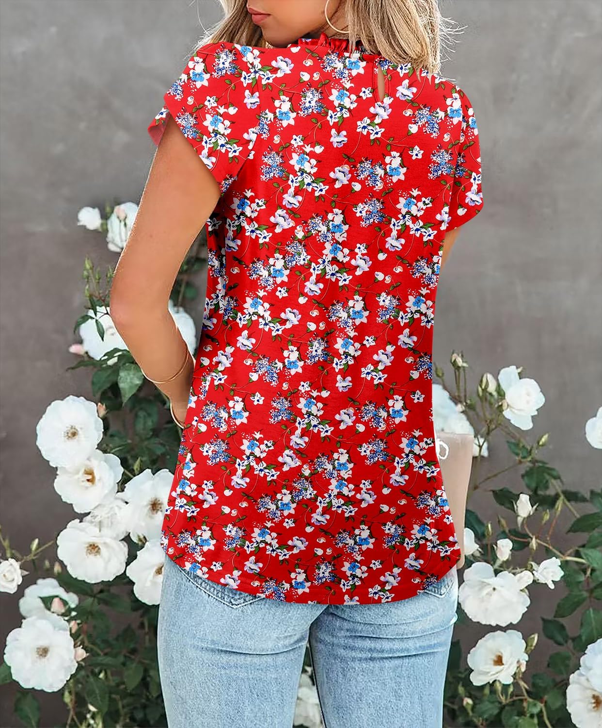 CHICZONE Women's Mock Neck Casual Summer Tops Ruffle Short Sleeve Keyhole Back Boho Blouses - Image 4