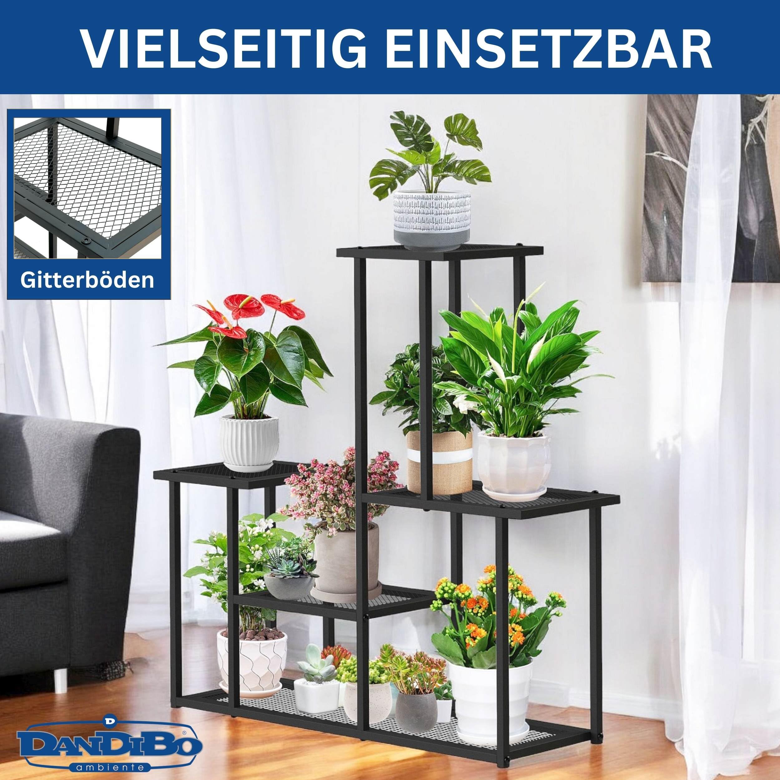 DanDiBo Blumentreppe Indoor Metall Schwarz 4 Ebenen 96579 Blumenständer Modern Pflanzentreppe Design Pflanzenregal