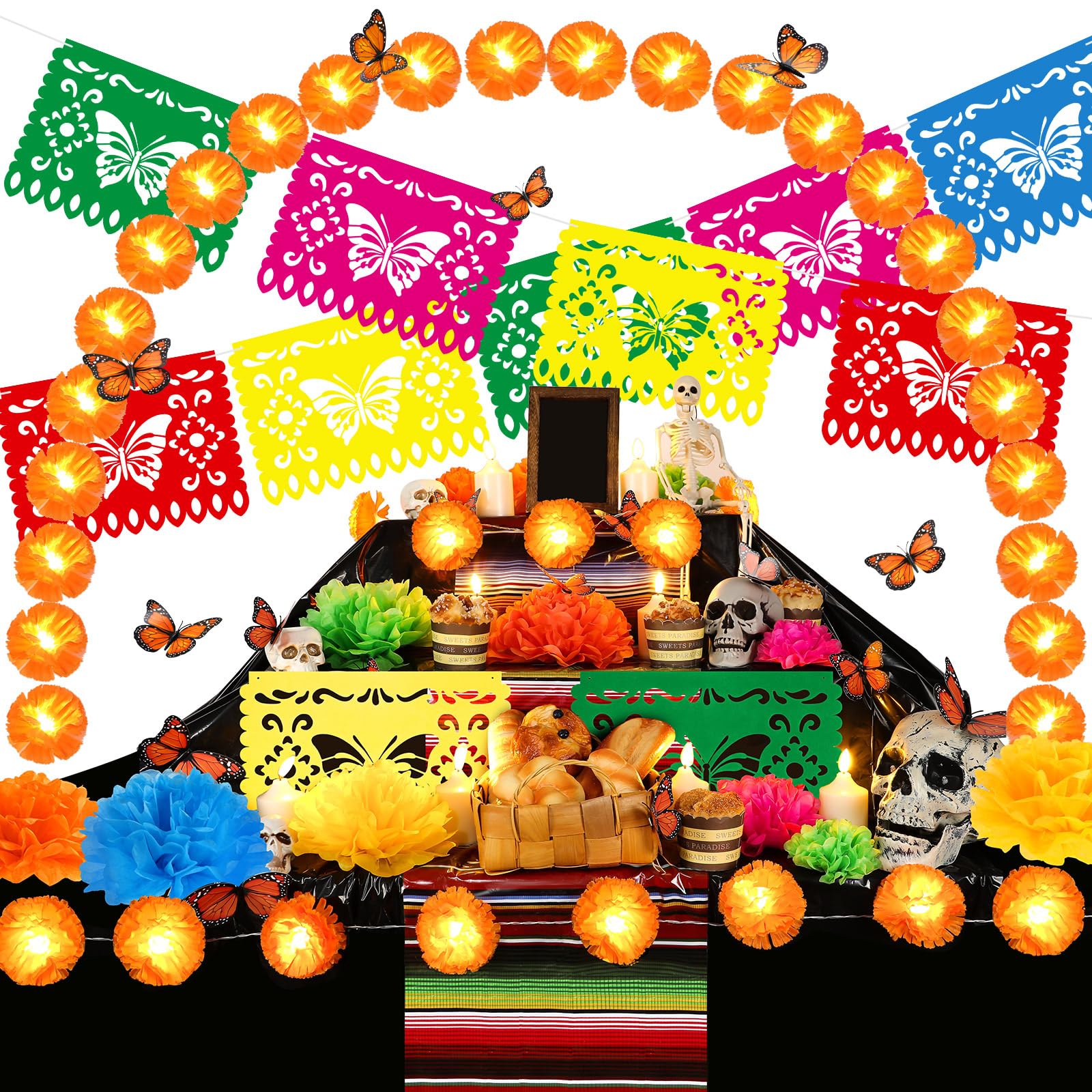 Newwiee Juego de 56 decoraciones desechables para altar del Día de los Muertos, guirnalda de caléndula con LED, mariposa monarca, papel picado, pancarta LED, vela de papel para Día de Muertos
