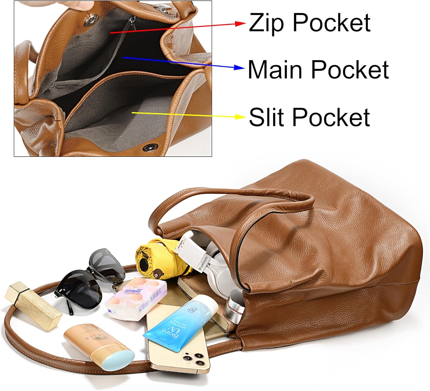 YALUXE Women's Soft Genuine Leather Tote Bucket Bags Hobo Shoulder Bags Trendy Purse and Handbags