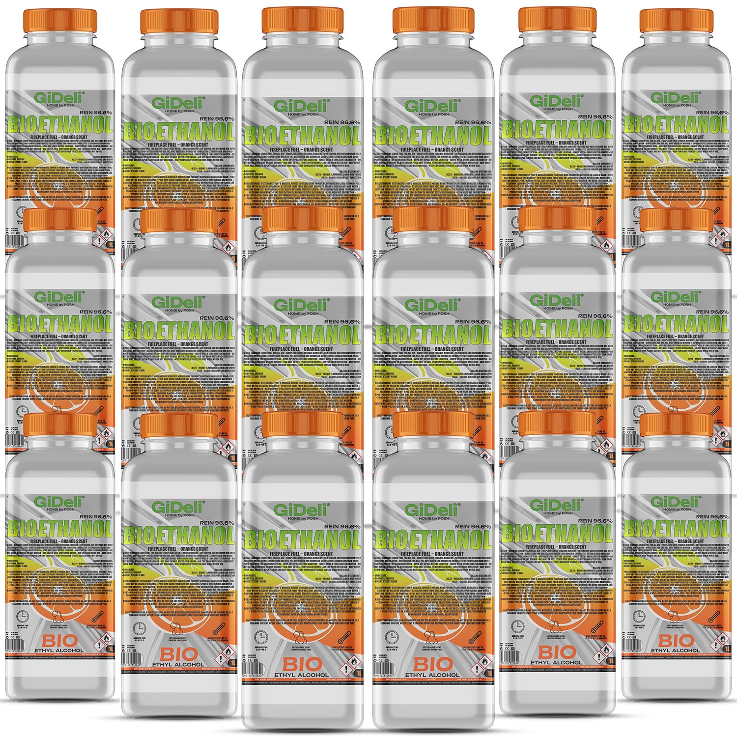 GiDeli bioetanolo 18 x 1 l profumo d'arancia, 96,6% etanolo per camini interni ed esterni, senza fumo e fuliggine, da mais e barbabietola da zucchero