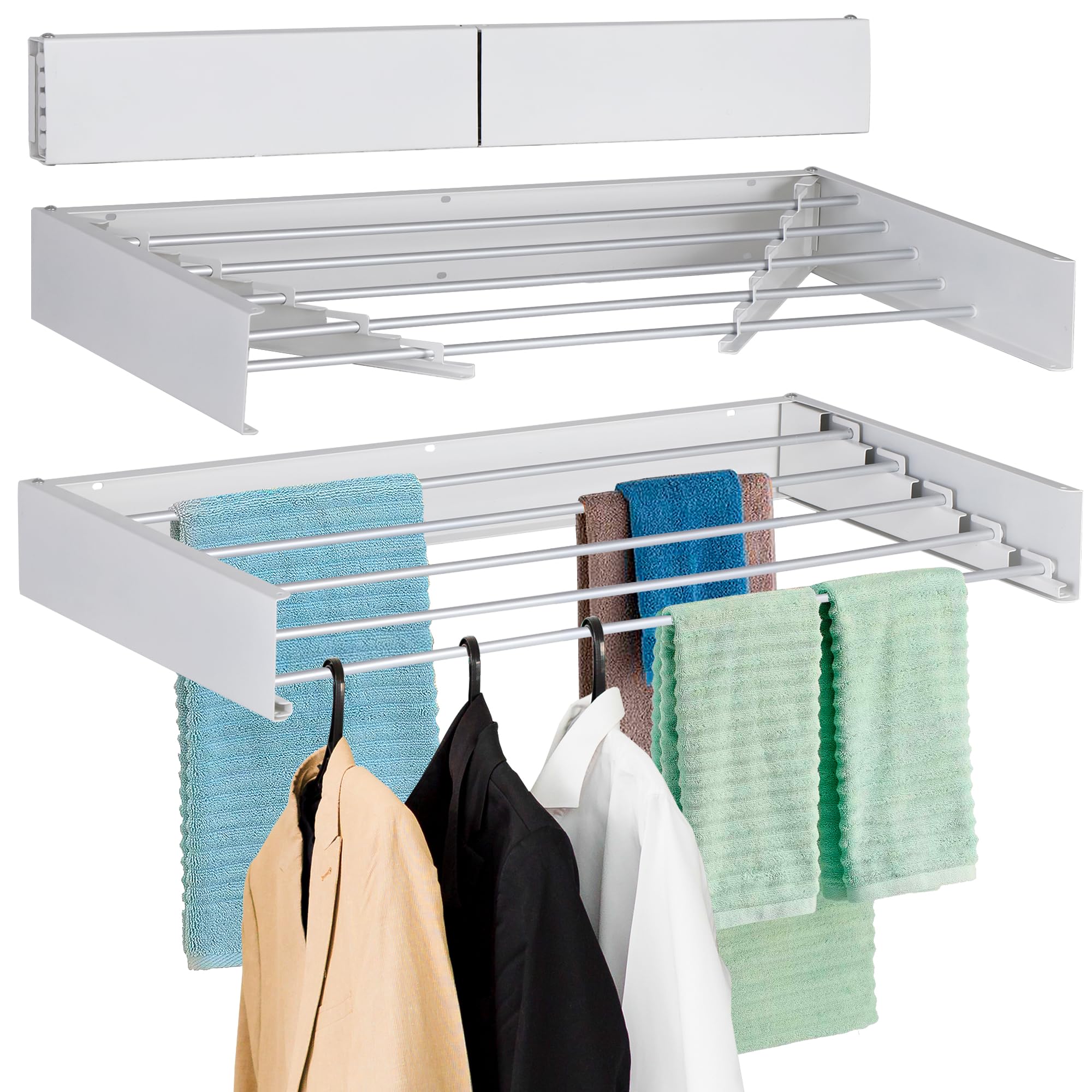 FOCHIER F Wäscheständer, Wandmontage, zusammenklappbar, 80 cm breit, mit 4,5 m und 5 Aluminiumstangen, Bohrschablone, langer Schraubendreher-Bit, 27,2 kg Kapazität (Weiß, 80 cm)