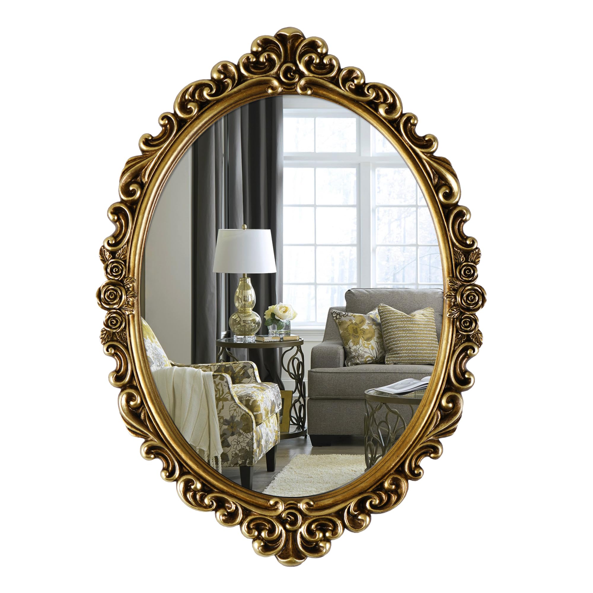 OIGUMR Oval Wall Mirror Mirror Vintage Hanging Mirrors for Bedroom Living-Room Dresser Decor (Gold；Frame Size：51.8 x 36.8 cm)