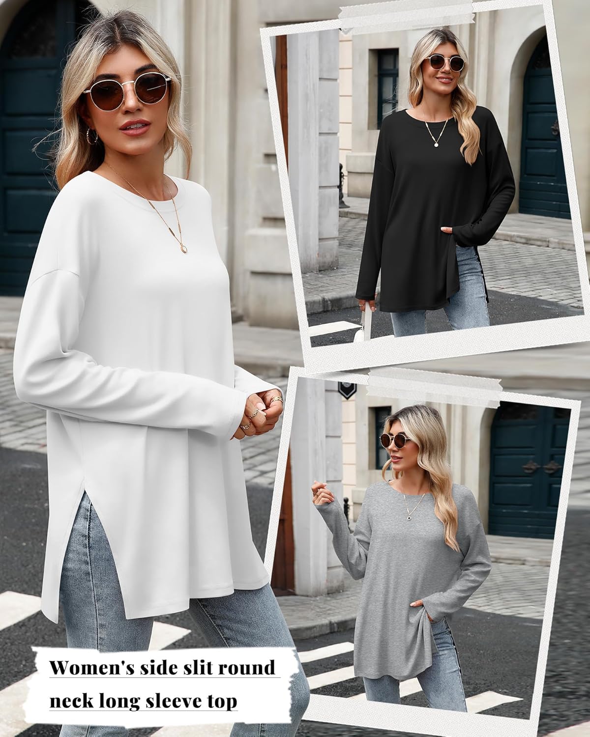 Huukeay 3 Pack Oversized Long Sleeve Shirts for Women Cotton Workout Side Split Gym Crewneck Tops Loose Basic Tee Winter - Image 5