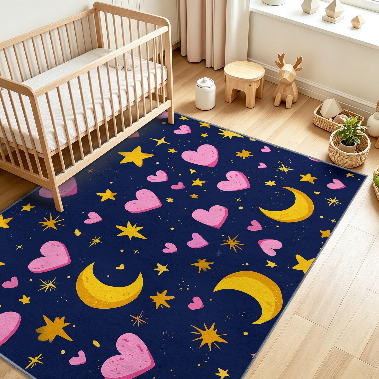 Generisch Teppich Waschbar 80 x 150 cm,Sterne Mond Herz Teppich, Kinderzimmer Gemälde rutschfest Zusammenklappbar Teppiche Gegend für Schlafzimmer Küche, Sternenhimmel