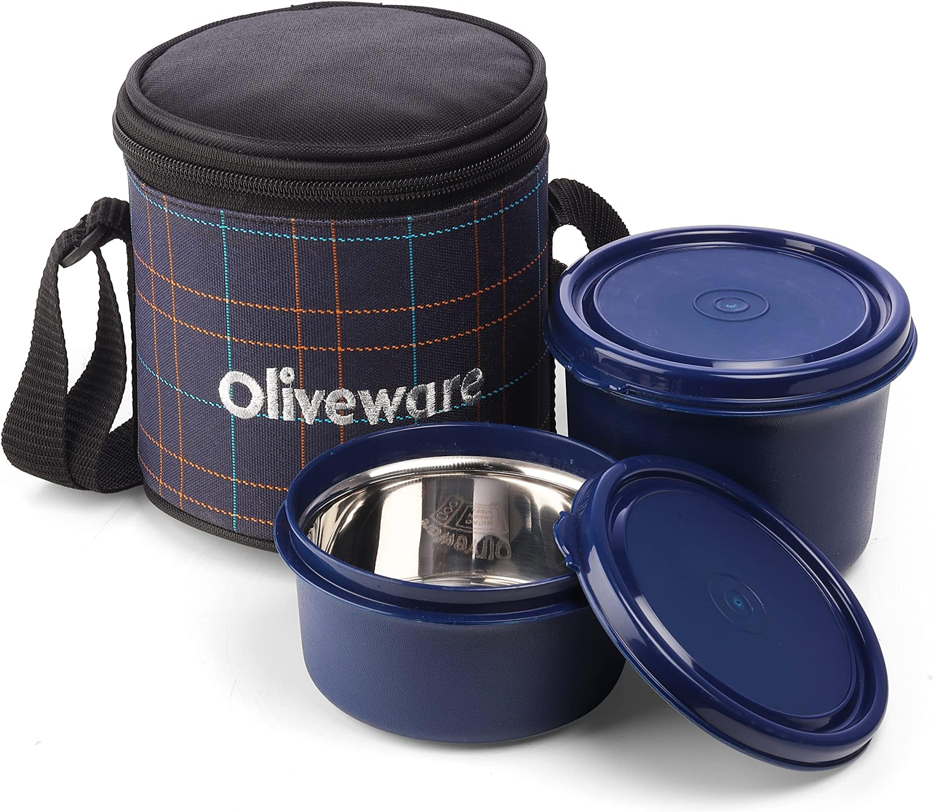 SOPL-OLIVEWARE Cleo Lunch Box, Microwave Safe & Leak Proof, 2 Inner Steel Containers with BPA Free Airtight Lids (450ml & 600ml), Fabric Bag (Blue)