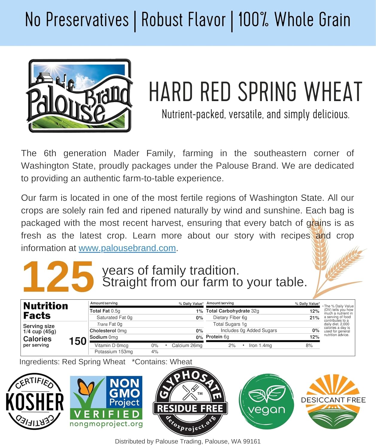 Palouse Brand Certified Glyphosate Residue Free Bread Flour | 9 LBS | Whole Wheat Unbleached | Non-GMO | 100% Non-Irradiated | Kosher | USA Grown | Field Traced | Resealable Bag