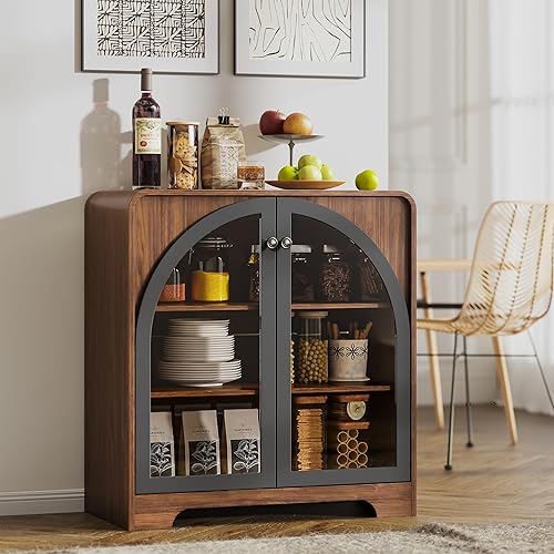 Buffet Cabinet with Storage Sideboard Accent Modern Credenza with 2 Arched Glass Doors & Adjustable Shelf, Wood Cabinet Coffee Bar for Living Room, Entryway, Dining Room and Kitchen