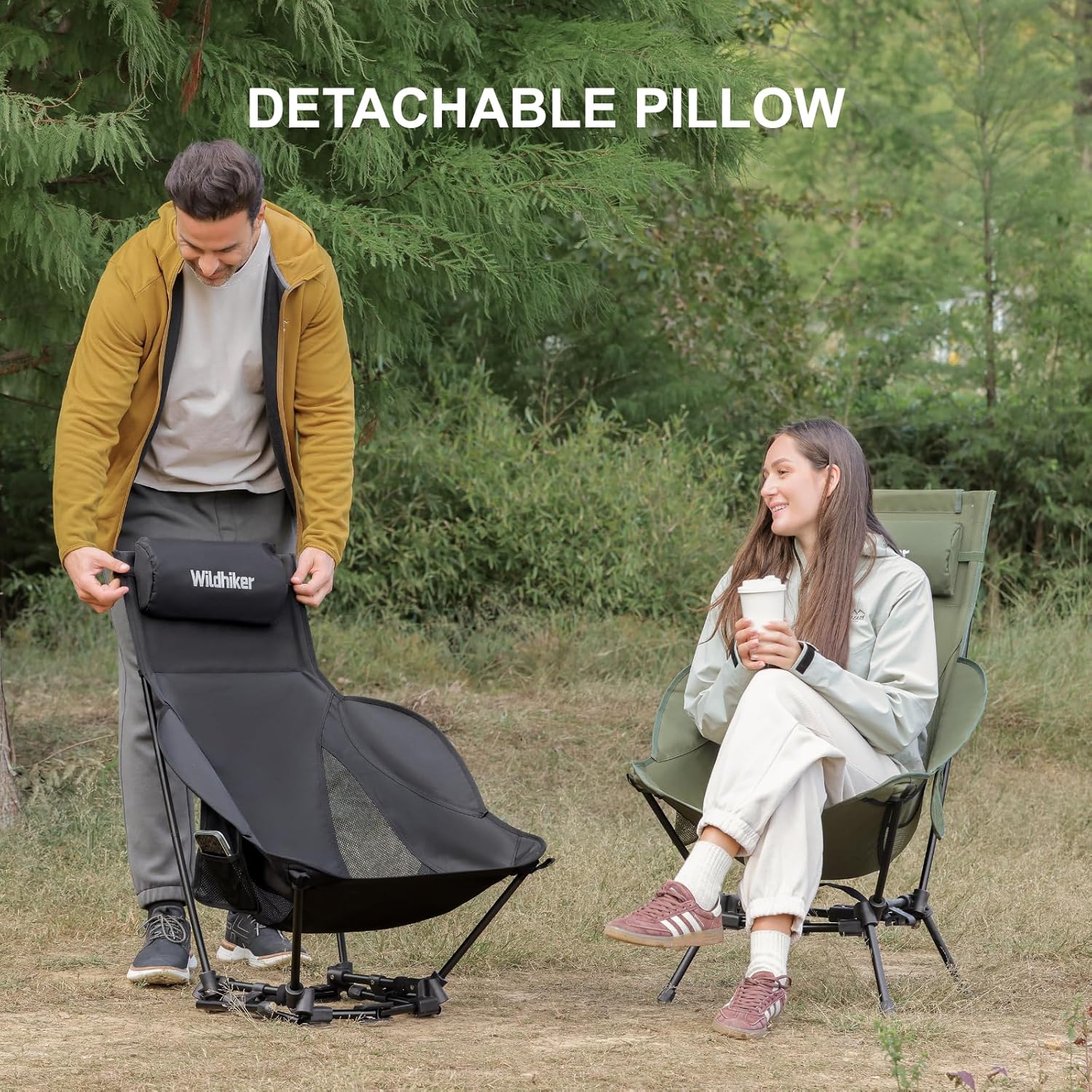 Wildhiker Compact High Back Camping Chair - Foldable with Dual Sitting Modes, Pillow, Arm Pads and Side Pockets - Lightweight Portable Chair for Motorcycle, RV, Festival, Travel - Green - Image 6