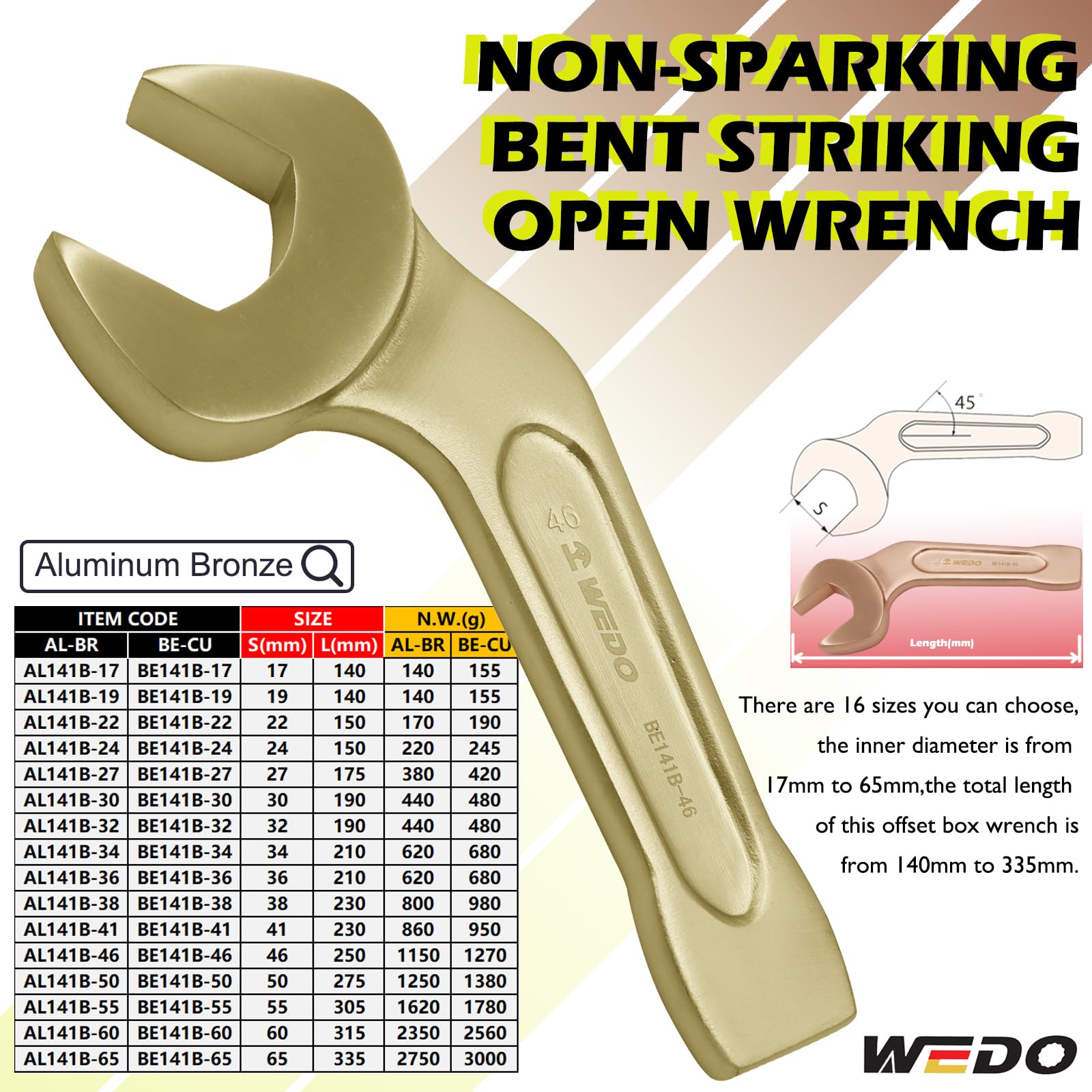 WEDO Non-Sparking Offset Striking Open End Wrench,Size 41mm,Length 230mm,45 Degree Spark-Free Safety Open End Spanner,Aluminum Bronze,Corrosion-Resistance - Image 2