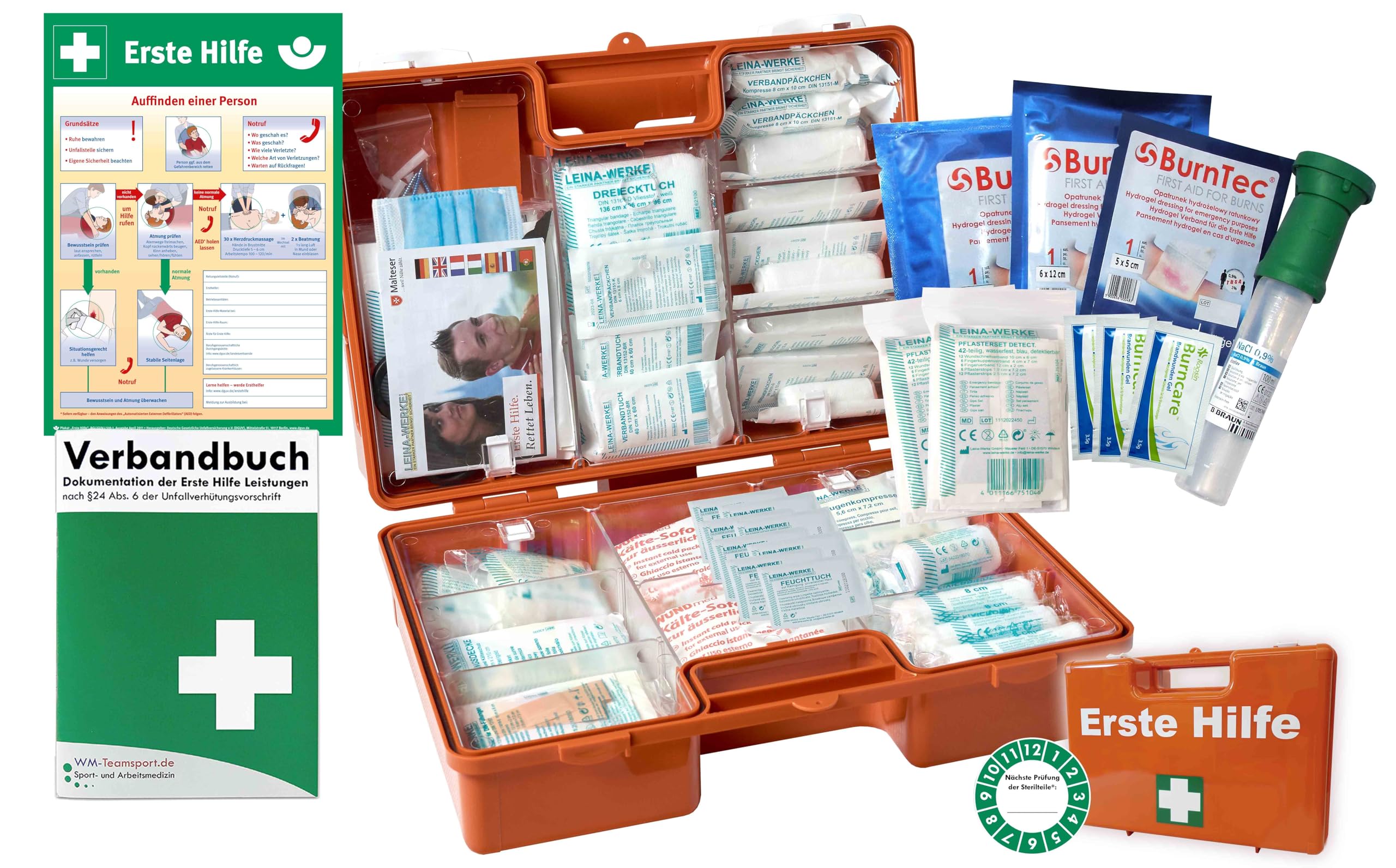Erste-Hilfe-Koffer Gastro "PRO +" für Betriebe nach aktueller DIN/EN 13169 inkl. AUSHANG, Augenspülung + Brandgel + detektierbare Pflaster + Hydrogelverbände