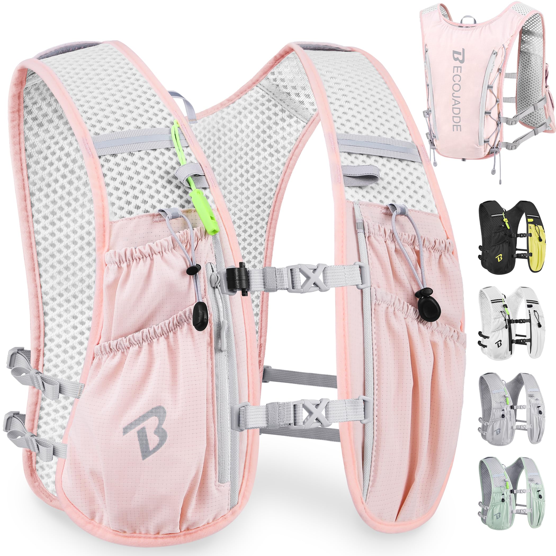 BECOJADDE Running Vest Women 5L Hydration Backpack Lightweight for Mens Womens, Running Backpack Hydration Pack for Marathon, Trail, Cycling, Hiking, Jogging Pink