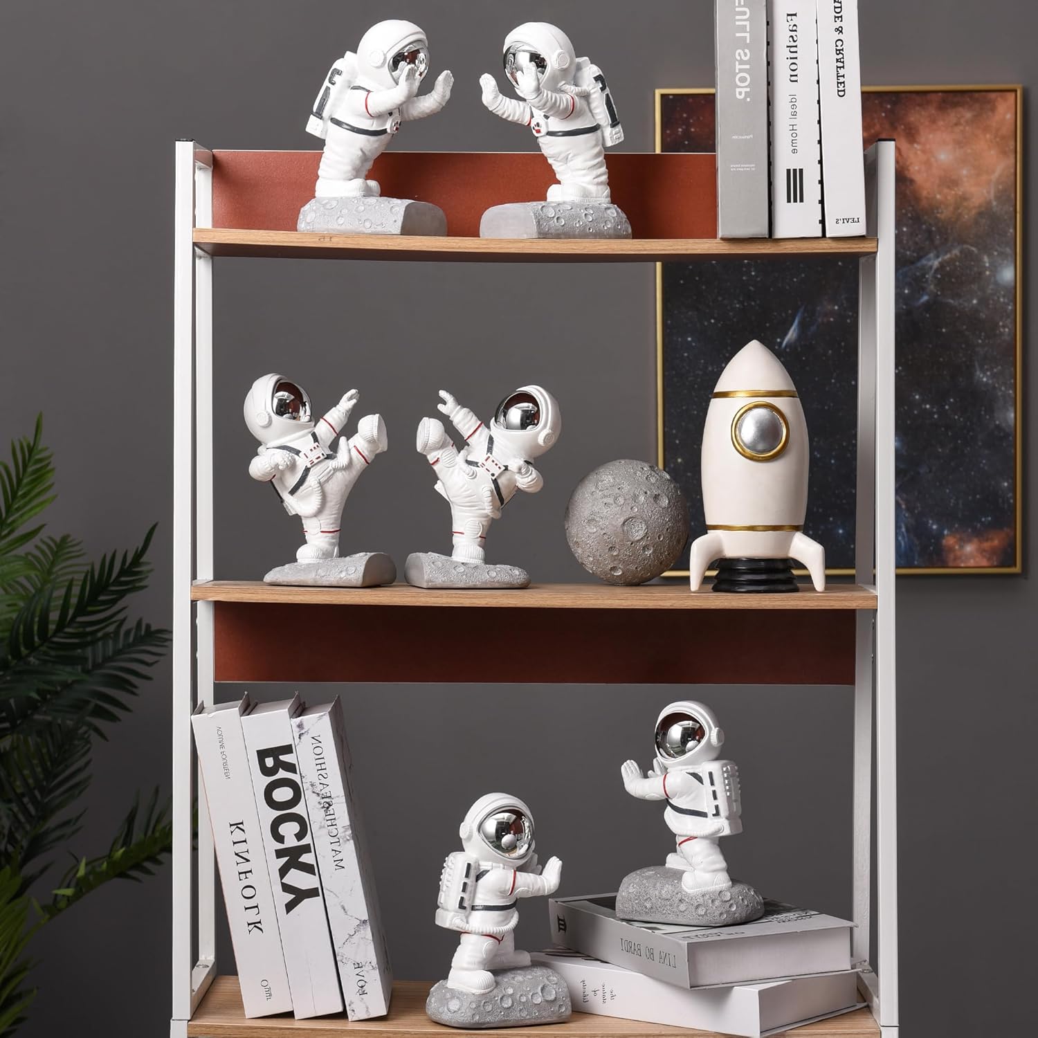 Space Theme Bookends - Astronaut Kids Book Stoppers, Heavy Duty Resin Bookends for Shelves (D-Silver Color)