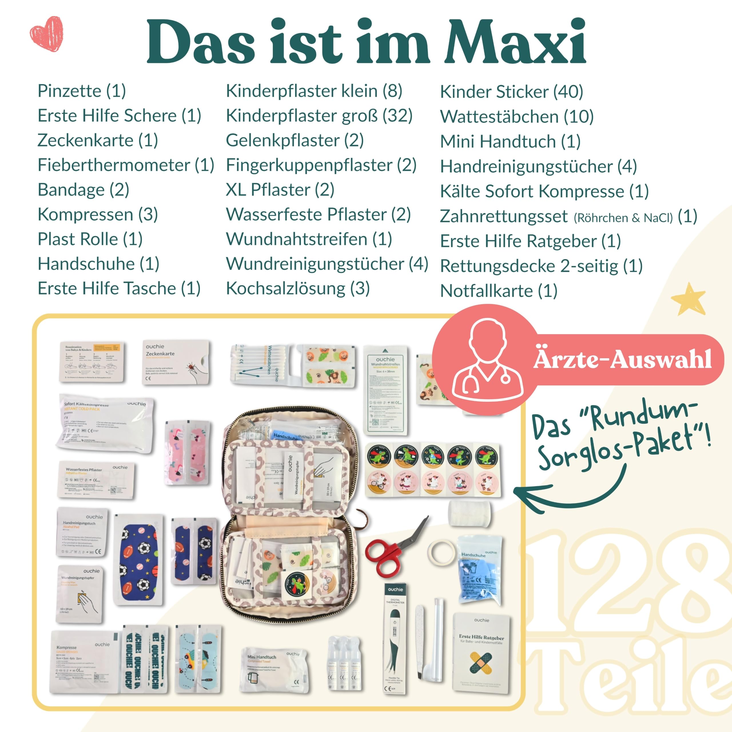 Erste Hilfe Set Kinder & Baby – Ouchie Maxi Reiseapotheke - 128 Teile | Erste Hilfe Tasche für Baby, Kleinkind & Kinder – ideal für unterwegs, Reise & Kindergarten | kompaktes Kinder-Notfallset