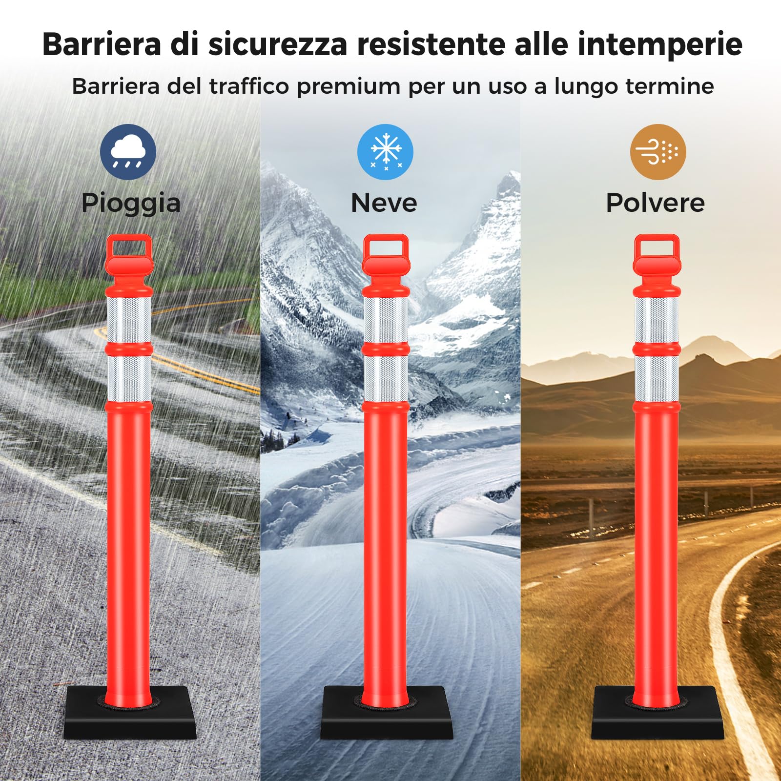COSTWAY Set di 3 Segnaletici Stradali, Barriera di Sicurezza per Traffico con Base in Gomma, Strisce Riflettenti, Maniglia, 30 x 30 x 114,5 cm