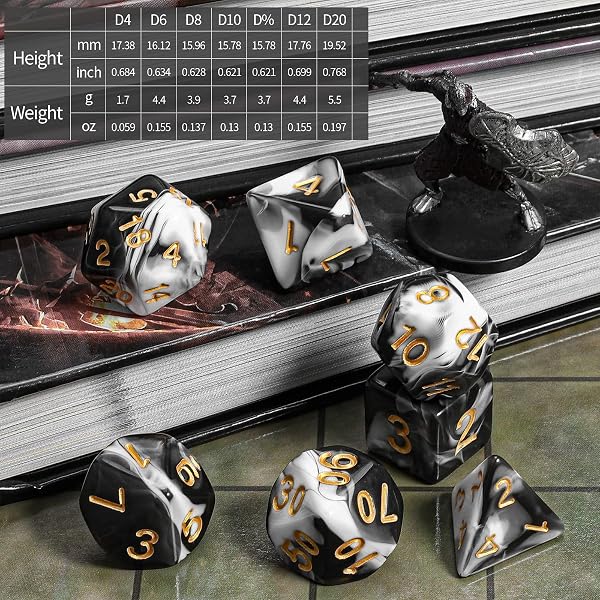 QMAY Set di dadi poliedrici DND – 7 pezzi per Dungeon and Dragons MTG RPG D&D D20, D12, D10, D%, D8, D6, D4 (bianco e nero) - 3