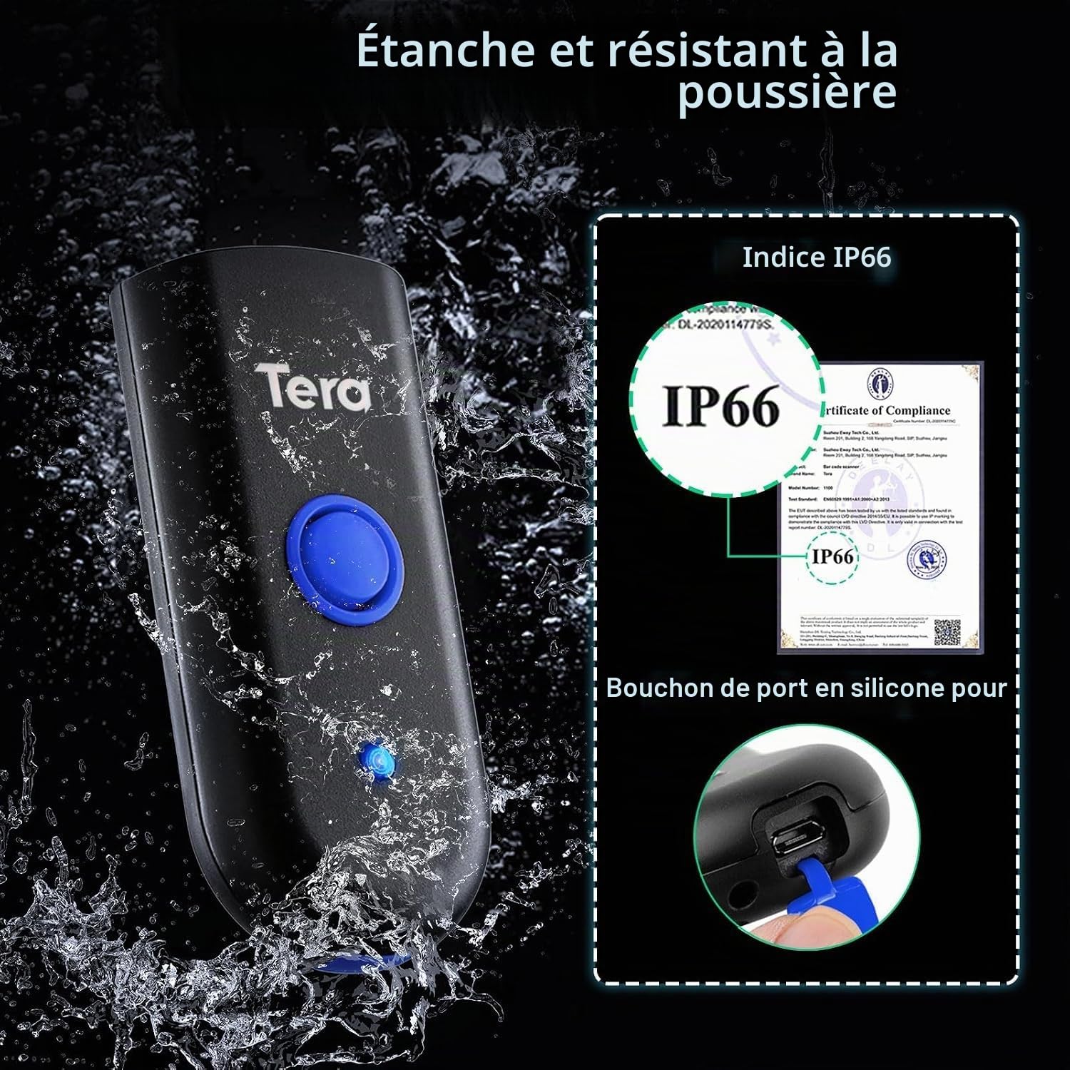 Tera Bluetooth Lecteurs de Code Barre sans Fil 2.4GHz USB (3-en-1) Portable 1D Douchette Scanner Laser Léger pour Smartphone Ecran Compatible avec iOS Android Windows Modèle 1100
