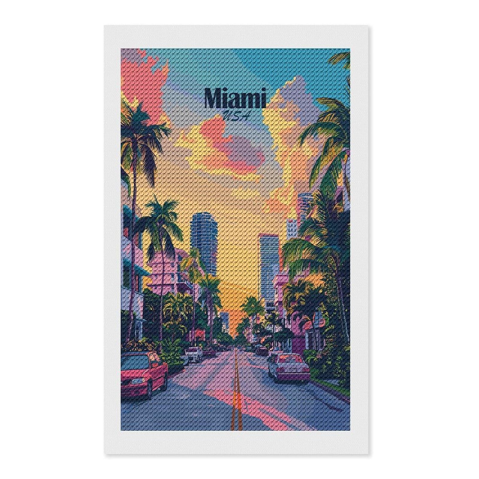 Junmoney Miami USA Cityscape with Palm Trees Round Drill Diamond Painting 12"x20", for Adults, Creative Leisure Activity, Office Decor, Holiday Gift Idea