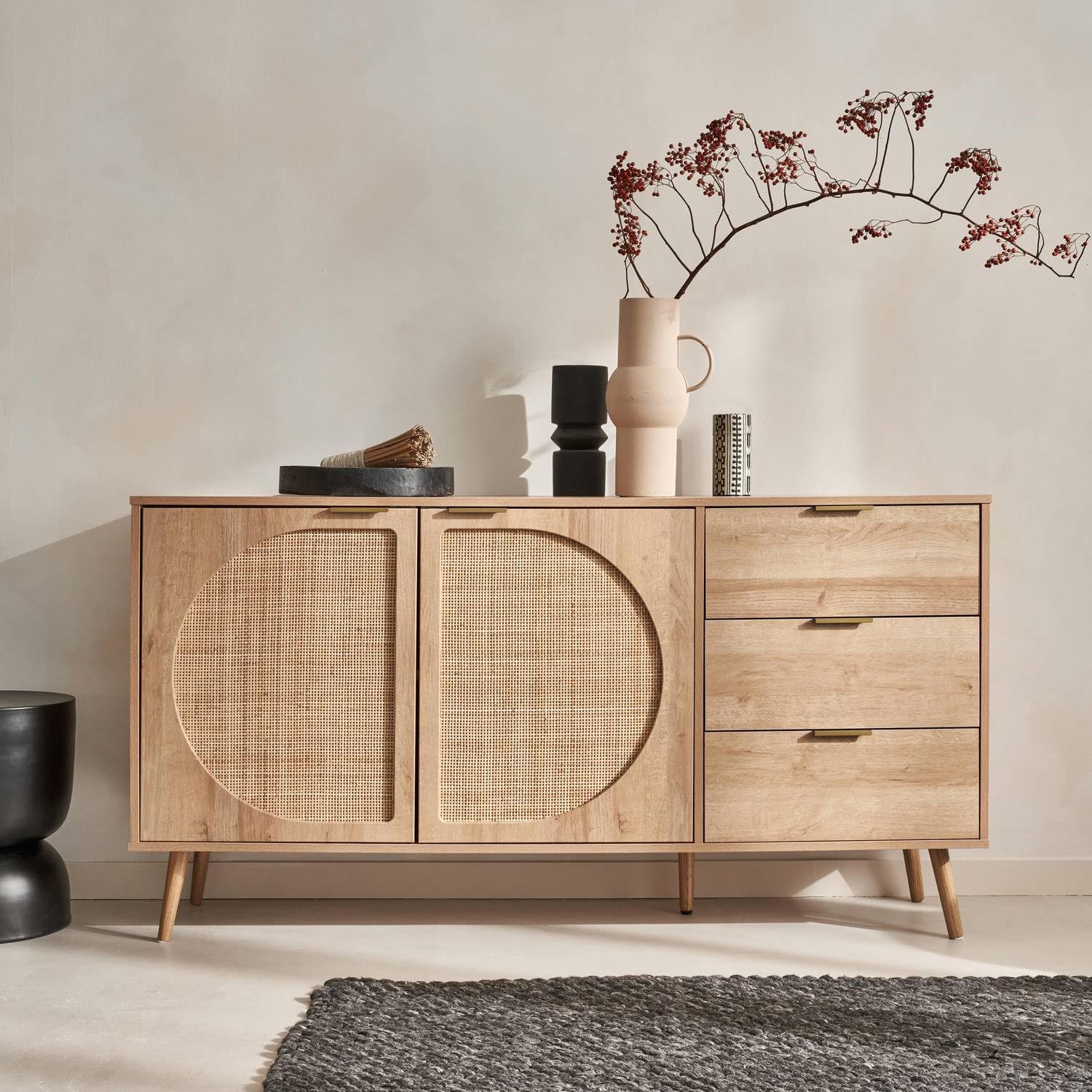 Solid Wood and Rounded Cane Rattan Sideboard-image-44