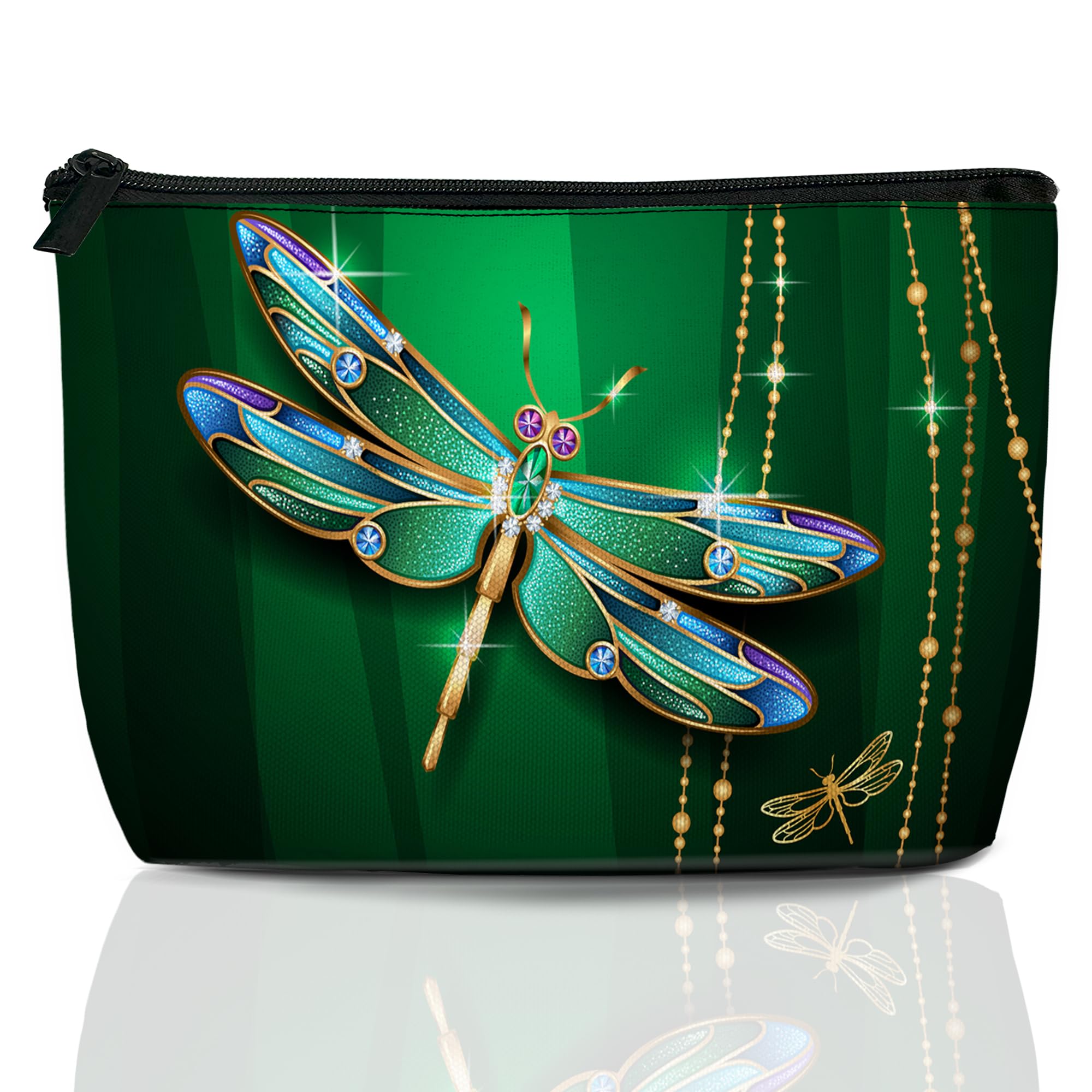 Green Jewel Dragonfly Travel Makeup Bag,Sparkling Cosmetic Bags Small Waterproof Zipper Women Purse Mini Portable Traveling Organizer Pouch for Ladies