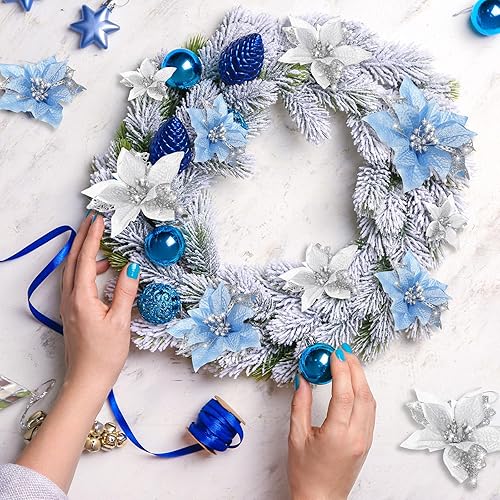 Vista 126 de Boao 24 Pieces Christmas Artificial Glitter Poinsettia Flowers Xmas Flowers Wedding Christmas Tree New Year Ornaments(Green)