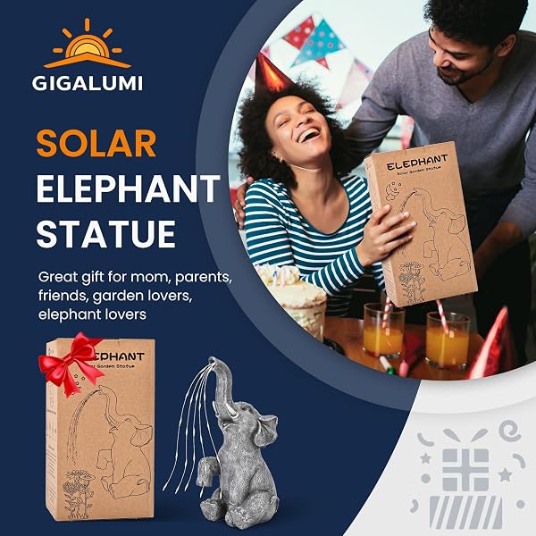 Close-up of the GIGALUMI elephant statue's trunk and solar panel, highlighting its resin texture.