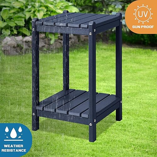 Miniatura 75 de LZRS Mesa auxiliar para exteriores, mesa auxiliar ovalada Adirondack doble con almacenamiento de 2 niveles, mesas auxiliares de HDPE para patio