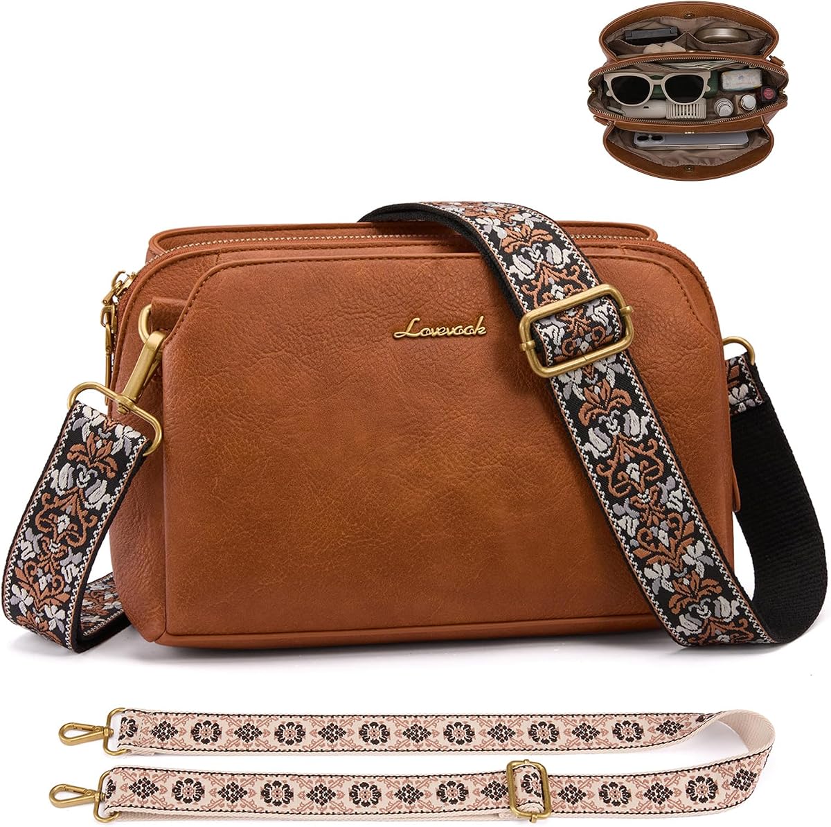 LOVEVOOK Bolsos cruzados de cuero para mujer, pequeños bolsos de viaje con 2 correas ajustables, RFID antirrobo