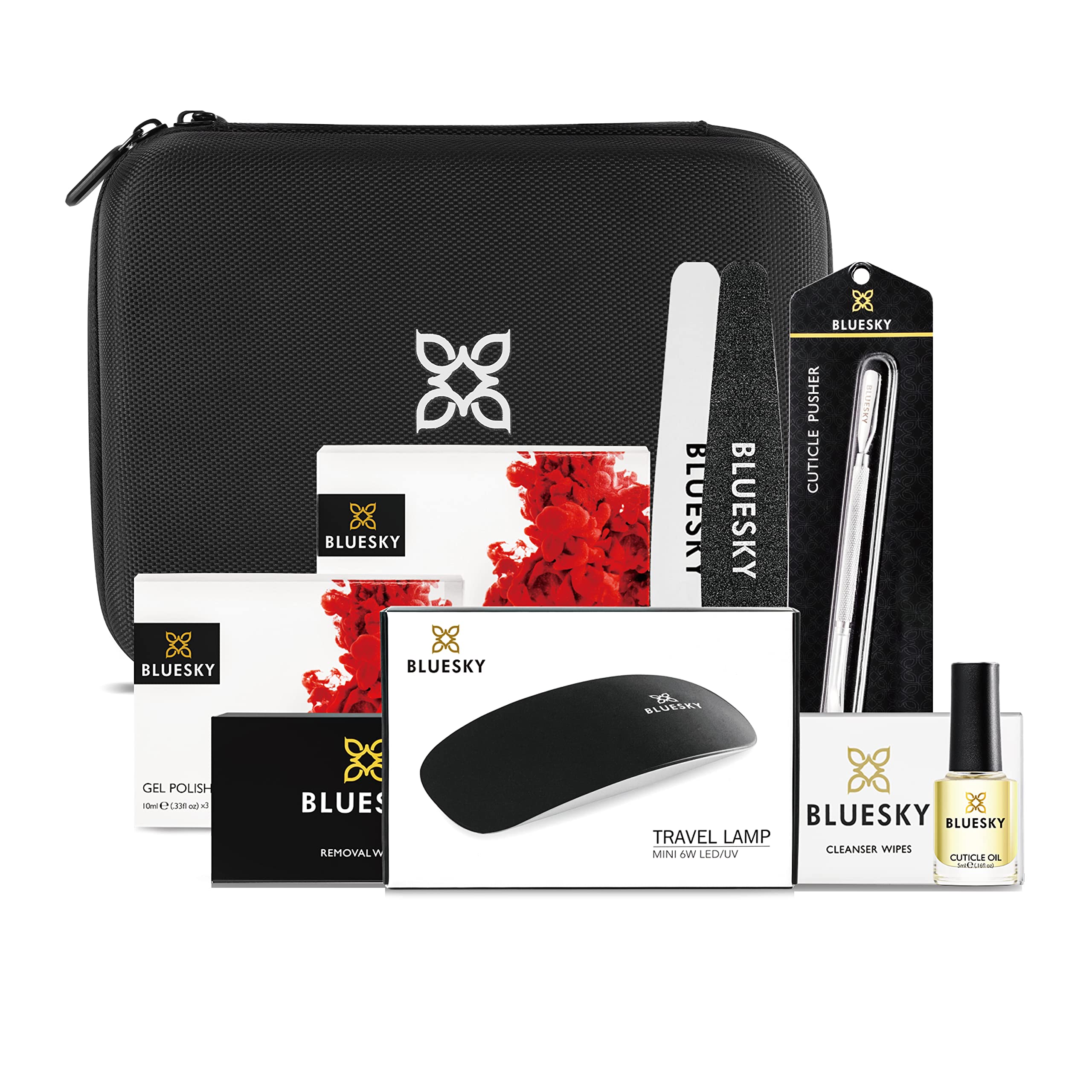 BLUESKY Mini UV Gel Travel Set mit LED-Lampe, Reinigungstüchern, Nagelfeile und -buffer, Überlack, Unterlack und den 3 Farben (BLUESKY Mini Starter Set)