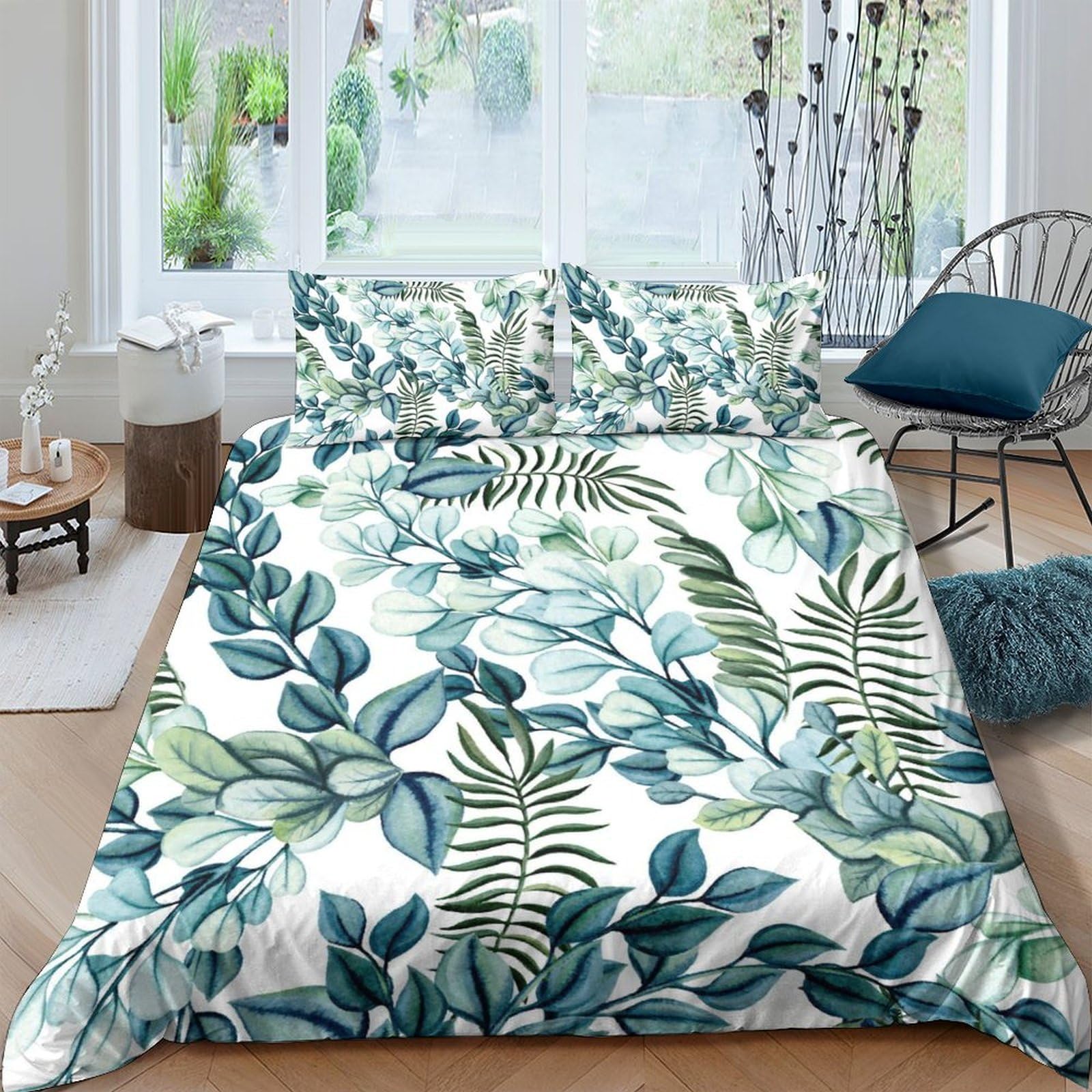 GPLZQXKJNH 3D Printed Tropical Leaves Duvet Cover Microfiber Soft Breathable Botanical Bedding Set with 2 Pillowcases for Bedroom Decor Single（135x200cm）